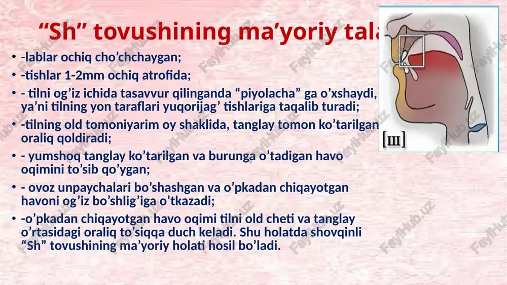 shama rasmlarni nomlaymiz gaplarda mustahkamlash mosh ichidan chiqdi tosh. qoshiq olib yedim osh. sholi quyoshda yaxshi o’sadi. shudgorda shudring. shamolda shaftoli to’kildi. shishadan yasalgan idish. shkafda turgan shim. shapka va shimni o’zim kiydim. qofiyali sof nutq mashqlari shoh-shoh-shoh-ertakda bo’lar podshoh. osh-osh-osh-charaqlar quyosh. osh-osh-osh-mosh ichidan chiqdi tosh. ush-ush-ush-qafasda sayraydi qush. sha-sha-sha-ukam qildi harxasha. ish-ish-ish-suv ichishga ber idish. shik-shik-shik-ko’zmunchoq taqilgan beshik. shar-shar-shar-bizning ko’chada hashar. topishmoqlar kalta bobom ichkarida, quloqlari tashqarida. dumi bor sichqon emas, dumaloqqina koptoke mas. she’rlarda mustahkamlash sher uzun she’r to’qidi, sharillatib o’qidi. shamol-shamol shoshma-ey, shovqin solma oshna-ey. shox-shabbani sindirma, sho’xligingni tashla-ey. 13 image1.jpg image2.jpg image3.png image4.jpg image5.png image6.jpg image7.png image8.jpg image9.jpg image10.jpeg image11.jpeg image12.jpeg image13.jpeg image14.jpeg /docprops/thumbnail.jpeg