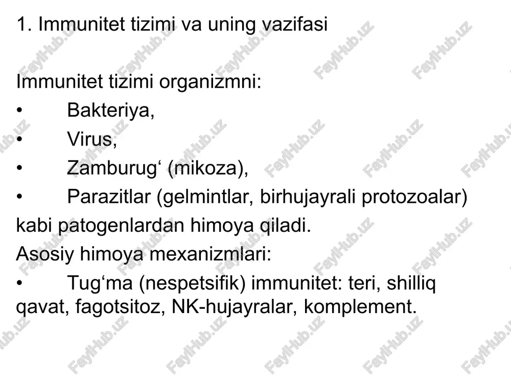ladi (adcc). 3) shilliq qavat bar’eri • ichak parazitlariga qarshi shilliq qavat sekretsiyasi kuchayadi. b. immunitet sustlashganda parazitar kasalliklar kuchayadi 1) th2-immunitet buzilganda eozinofil va ige hosil bo‘lishi pasaysa: • askaridoz, enterobioz og‘irlashadi. • echinokokk, toksokaralar organizmda uzoq ushlanib qoladi. 2) makrofag tizimi zaiflashganda leishmanioz kabi hujayra ichida yashovchi parazitlar ko‘payadi. 3) immunitetni pasaytiruvchi kasalliklar • oiv/aids → toksoplazmoz reaktivatsiyasi • sil, onkologik kasalliklarda protozoalar faollashadi 🔬 4. immunitet va mikoza-parazitoz aloqasining molekulyar mexanizmlari 🍄 a. zamburug‘larda • pattern recognition receptors (prr) — dectin-1, tlr2 yechiladi. • bu retseptorlar zamburug‘ning β-glukan, manan antigenlarini taniydi. • signallar nf-κb, mapk yo‘llarini faollashtiradi. natija: • sitokinlar • kemokinlar • fagotsitlar migratsiyasi prr buzilganda zamburug‘li infeksiyalar tez rivojlanadi. b. parazitlarda • parazit antigenlari th2 differensiasiyasini boshlaydi. basofil va mast hujayralar ige orqali histamin chiqaradi → ichak peristaltikasi kuchayadi → parazit chiqariladi. • il-5 eozinofillarni ko‘paytiradi → parazitni sitotoksik modda bilan yo‘q qiladi. immunitet pasaysa …