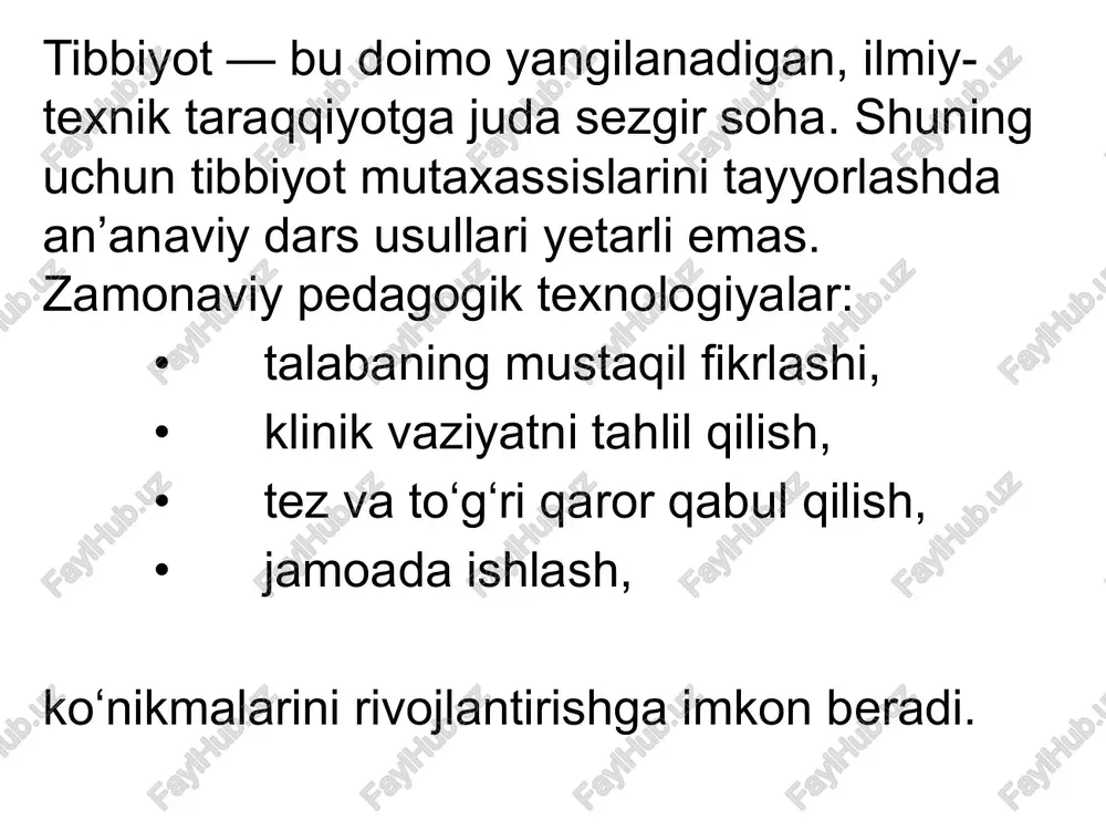enlar • laparoskopik trenerslar • vr (virtual reallik) amaliyotlari • osce stansiyalari (ob’ektiv strukturalangan klinik imtihon) 4. axborot texnologiyalari • elektron darsliklar • moodle, google classroom • video-ma’ruzalar • telemeditsina o‘quv darslari 5. kompetensiyaga yo‘naltirilgan ta’lim talabada quyidagilar shakllanadi: • bilim • amaliy ko‘nikma • aloqa madaniyati • klinik fikrlash • professional axloq 4. zamonaviy texnologiyalarning afzalliklari 1. talabaning mantiqiy va klinik fikrlashini rivojlantiradi holatni tahlil qilish → taxminiy diagnoz qo‘yish → tekshiruvlarni tanlash → davolash. 2. kasbiy kompetensiyalarni mustahkamlaydi real sharoitga yaqin mashg‘ulot. 3. ta’lim sifatini oshiradi aniq baholash mezonlari (osce) mavjud. 4. jamoada ishlashni o‘rgatadi tibbiyotda ko‘p bo‘limli hamkorlik muhim. tibbiy ta’limda zamonaviy pedagogik texnologiyalarni qo‘llash — talaba malakasini oshirishning eng ishonchli yo‘li. bu texnologiyalar: • amaliy ko‘nikmalarni mustahkamlaydi, • klinik fikrlashni rivojlantiradi, • tibbiyotning real sharoitiga tayyorlaydi, • ta’lim sifatini oshiradi, • bemor xavfsizligini kafolatlaydi. shu sababli bugungi kunda tibbiy ta’limning barcha bosqichlarida — bakalavriat, magistratura, rezidentura …