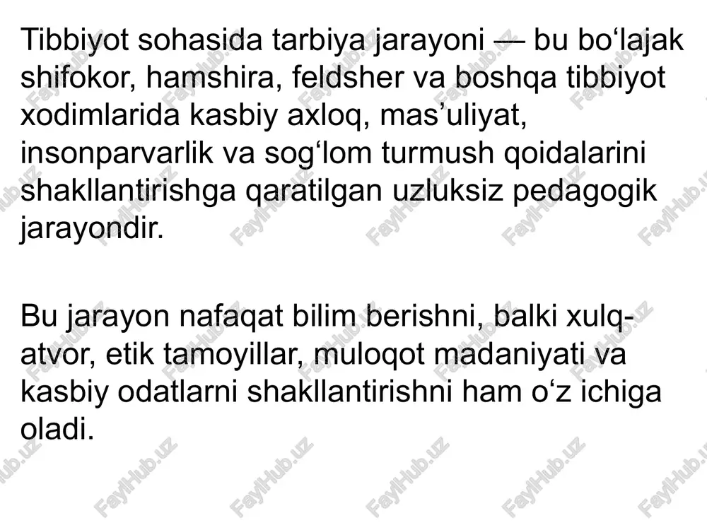 to‘g‘ri yuritish 2.3. kasbiy tarbiya kasbiy mahoratni shakllantirish. mazmuni: • tibbiy jihozlar bilan ishlash • sterilizatsiya qoidalari • klinik fikrlashni rivojlantirish • amaliy ko‘nikma va manipulyatsiyalar • ilmiy yangiliklarni o‘rganish 2.4. psixologik tarbiya shifokor har kuni turli temperament va holatdagi insonlar bilan ishlaydi. mazmuni: • stressga bardoshlilik • muloqot psixologiyasi • konfliktlarni hal qilish • travma yoki o‘lim holatida o‘zini boshqarish 3. tibbiy tarbiya jarayonining bosqichlari 1. o‘quv bosqichi — tibbiyot institutida nazariy axloqiy bilimlar shakllanadi. 2. klinik bosqich — amaliyot davomida o‘qituvchi-shifokor namunasidan o‘rganish. 3. mutaxassislik bosqichi — rezidentura yoki ish jarayonida kasbiy va axloqiy sifatlar mustahkamlanadi. 4. uzluksiz rivojlanish bosqichi — konferensiya, seminar, treninglar orqali o‘z ustida ishlash. 4. tibbiy tarbiya metodlari • suhbatlar, ma’ruzalar • tibbiy etikaga oid vaziyatli masalalar • klinik darslar • ustoz-shogird an’analari • rolli o‘yinlar (simulyatsiya markazlarida) • psixologik treninglar • jamoaviy muhokamalar 5. nima uchun tibbiyotda tarbiya muhim? • inson hayoti shifokorga …