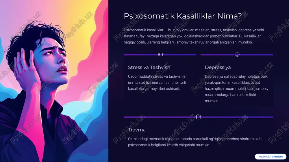 nish samarali davolash uchun muhimdir. ovqat hazm qilish muammolari oshqozon yarasi, ichakning yallig'lanish kasalliklari (ibd), irritabiy ichak sindromi (ibs) kabi holatlar stress bilan bog'liq bo'lishi mumkin. yurak-qon tomir kasalliklari yuqori qon bosimi, aritmiya va hatto yurak xuruji xavfi surunkali stress va ruhiy zo'riqishlar bilan ortadi. surunkali og'riqlar bosh og'rig'i, migren, bel og'rig'i va fibromiyalgiya kabi surunkali og'riqlar ko'pincha psixologik omillar bilan kuchayadi. teri kasalliklari ekzema, psoriaz, akne kabi teri muammolari stress va hissiy zo'riqishlar natijasida yuzaga kelishi yoki og'irlashishi mumkin. 4 psixosomatik kasalliklarni tashxislash psixosomatik kasalliklarni tashxislash murakkab jarayon bo'lib, u jismoniy va ruhiy tekshiruvlarni o'z ichiga oladi. dastlab, jismoniy sabablar istisno qilinadi, so'ngra ruhiy omillar baholanadi. 01 jismoniy tekshiruv barcha mumkin bo'lgan jismoniy sabablarni aniqlash uchun keng qamrovli tibbiy tekshiruvlar o'tkaziladi. 02 ruhiy baholash psixolog yoki psixiatr bemorning ruhiy holatini, stress darajasini, tashvish va depressiya belgilarini baholaydi. 03 tarixni yig'ish bemorning hayot tarzi, o'tmishdagi travmalari va hissiy tajribalari haqida …