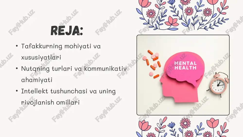 qalarga yetkazish jarayonidir. nutq, avvalo, tafakkurning tashqi shakli bo‘lib, fikrlash jarayonida hosil bo‘lgan g‘oya va tushunchalar nutq orqali ifodalanadi. = nutqning paydo bo‘lishi va rivojlanishi uchun til, jamiyat, ijtimoiy muhit, o‘rganish, muloqot zarur. nutq insonning aqliy rivojlanishi, madaniyati va shaxs sifatlarini aks ettiradi. tashkiliy funksiyasi: odamlarning faoliyatini boshqarish, yo‘naltirish (buyruq, ko‘rsatma). ta’sir etuvchi funksiyasi: suhbatdoshga ruhiy ta’sir o‘tkazish, ishontirish, ilhomlantirish. ifoda funksiyasi: ichki kechinmalar, his-tuyg‘ular, kayfiyatni ifodalash. fikrlash funksiyasi: fikrni shakllantirish, tartibga solish va aniqlashtirish. nutq bir vaqtning o‘zida bir nechta vazifalarni bajaradi: kommunikativ funksiyasi: odamlar o‘rtasida axborot almashinuvi, savol-javob, fikr bildirish. nutq shakllari insonning muloqotdagi ehtiyojidan kelib chiqadi: og‘zaki nutq: suhbat, hikoya, ma’ruza, bahs; intonatsiya, ohang va mimikoa muhim o‘rin tutadi. yozma nutq: matnlar, insholar, ilmiy ishlarda aniq, izchil bayon talab etiladi. ichki nutq: insonning o‘z-o‘zi bilan fikrlashi; qisqa, mazmundor forma. monologik nutq: bir kishining uzluksiz nutqi—ma’ruza, hikoya, chiqish. dialogik nutq: ikki yoki undan ortiq kishining fikr almashinuvi; tabiiy …