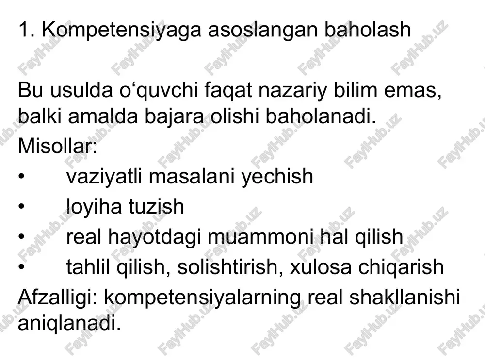mmolar asosida vaziyat beriladi va o‘quvchi yechim topadi. afzalligi: kritit fikrlashni rivojlantiradi, real hayotga yaqin. 10. interaktiv diagnostik o‘yinlar gamifikatsiya asosida baholash. misollar: • kahoot viktorinalari • quizizz testlari • simulyatsiya o‘yinlari afzalligi: motivatsiya oshadi, ishtirok faollashadi. 11. psixometrik testlar o‘quvchilarning: • tafakkuri, • mantiqiy fikrlashi, • e’tibor, • xotira, 12. peer-assessment (o‘quvchi-o‘quvchini baholashi) o‘quvchilar bir-birining ishini mezonlar asosida baholaydi. afzalligi: tanqidiy fikrlash va mustaqillik oshadi. 13. kompetensiya xaritalari (competency mapping) bu usulda har bir fan yoki mavzu bo‘yicha aniq kompetensiyalar ro‘yxati tuziladi va o‘quvchilar shu xarita bo‘yicha baholanadi. nimasi bilan qulay? • o‘quvchi nimani bilishi kerakligini aniq ko‘radi • o‘qituvchi kamchiliklarni tez aniqlaydi • baholash shaffof bo‘ladi 14. aqsh va yevropa davlatlarida qo‘llanadigan “steam-assessment” fanlarni birlashtirgan holda baholash: • science • technology • engineering • art • mathematics baholash shakli: • yangi mahsulot yaratish • robot yasash • qurilma loyihalash image1.png image2.png image3.png image4.png