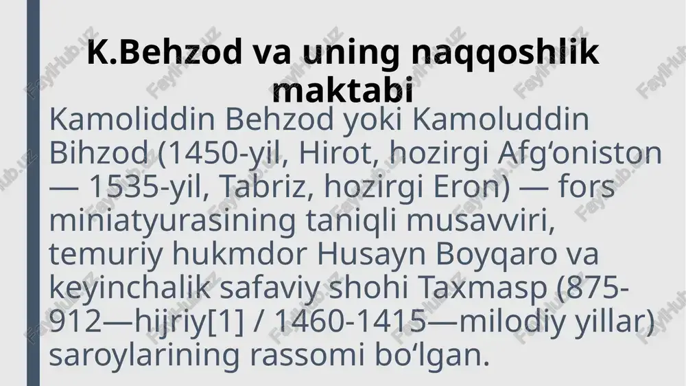 sayn boyqaro kutubxonasi uchun tayyorlangan[13]. bu kitobda beshta illyustratsiya behzod tomonidan imzolangan. kolofon kotib sulton ali mashhadiy tomonidan imzolangan va 1488-yil, miniatyuralardan ikkitasi 1488—1489-yillarga tegishli. behzod jonli uslubi bilan ajralib turadi. koʻpincha, uning kundalik hayotdagi yumushlar bilan shugʻullanadigan qahramonlari turlicha va unchalik pozitsiyalar, munosabat va his-tuygʻularda aks etadilar. uning tasvirlari realizm va hatto maʼlum bir hazilomuzligi bilan ajralib turadi. sheila canby kabi olimlar, asarlarni tirik modellardan olingan boʻlishi mumkinligiga ishonishadi[25]. behzod merosi, ayniqsa, tabriz ustaxonasida yaratilgan asarlarda yaqqol namoyon boʻladi. kitobxonaga rahbarlik qilgan behzod u yerda ishlagan rassomlarning koʻpchiligiga taʼsir oʻtkazgan. u yerda shoh tahmaspning „shohnoma“si kabi ajoyib qoʻlyozmalar yaratilgan. garchi bu asarga rahbarlik qilish sulton muhammadga, keyin esa boshqa rassomlarga ishonib topshirilgan boʻlsa-da, behzodning uslubi u yerda ham mavjud. sulton muhammadning uslubi asta-sekin rassom hirotiy tomonidan taʼsirlangan koʻrinadi: 1630—yillarda chizgan rasmlarida ranglarning yanada yumshoq diapazoni va kompozitsiyaga yanada oqilona yondashgani aks etadi. lekin qo‘lyozmaning ikkinchi muallifi mir musavvir bilan …