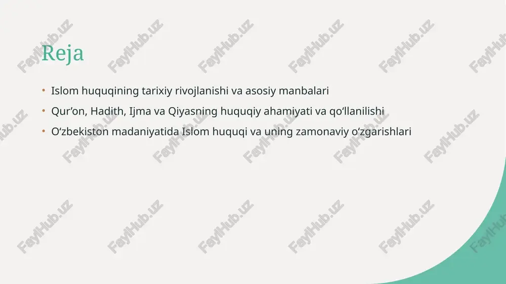 i bo‘lib, muqaddas kitob, musulmonlar uchun dini va huquqiy yo‘lboshchilikni ta’minlaydi, axloqiy qadriyatlarni belgilaydi. 2 hadithlarning roli hadithlar, payg‘ambar muhammadning so‘zlari va amallari, qur’on bilan birga huquqiy va axloqiy me’yorlarni aniqlashda muhim manba bo‘lib xizmat qiladi. 3 ilmiy usullar qur’on va hadithlarni huquqiy asos sifatida o‘rganishda ilmiy usullar — tafsir, hadis ilmiyoti va qiyosiy yondashuvlar qo‘llanadi, aniq va ishonchli natijalar beradi. 4 zamonaviy ahamiyati qur’on va hadithlar, zamonaviy huquqiy muammolarni hal qilishda, inson huquqlari, adolat va ijtimoiy tartibni ta’minlashda muhim nazariy va amaliy asos bo‘lib qolmoqda. ijma va qiyasning zamonaviy huquqiy qo‘llanilishi va o‘zbek madaniyatidagi o‘rni 1 ijma va qiyasning asosiy tushunchalari ijma va qiyas islom huquqining muhim manbalari bo‘lib, ularning yordamida yangi holatlar uchun huquqiy qarorlar qabul qilinadi, traditsiyalarni davom ettiradi. 2 zamonaviy amaliyotdagi qo‘llanilishi hozirgi zamonda ijma va qiyas o‘zbek huquqiy tizimida adolat va moslashuvchanlikni ta’minlash uchun ishlatiladi, muhim huquqiy muammolarni hal qilishda yordam beradi. 3 o‘zbek madaniyatidagi …