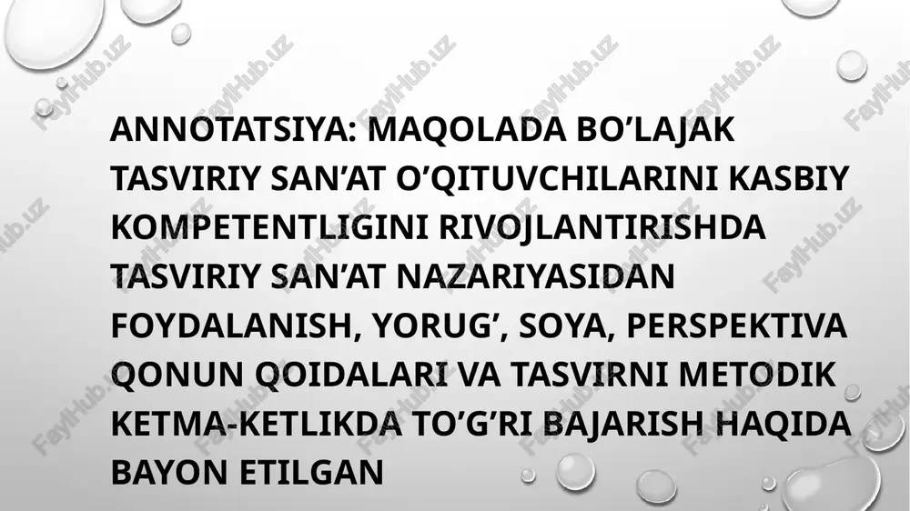 idagi so’nggi yutuqlari xulosa qilib aytganda, yuqorida aytib o’tilganlardan kelib chiqqan holda5 o’quvchilarning badiiy-ijodiy bilimlari, ko’nikmalari va ijodiy ko’nikmalarini to’g’ri shakllantirish va takomillashtirish, yuqorida qayd etilgan maqola mazmunidagi takliflar asosida tasviriy san’at asarlarini tahlil qilishga tayyorgarlik ko’rish, bir qator vazifalarni amalga oshirish jarayonida samarali natij alarga erishish imkonini beradi va shu bilan umuman pedagogik kompitetsiyaning muvaffaqiyatini ta’minlaydi. eʼtiboringiz uchun tashakkur image2.png image4.jpeg image5.jpeg image6.jpeg image3.png /docprops/thumbnail.jpeg