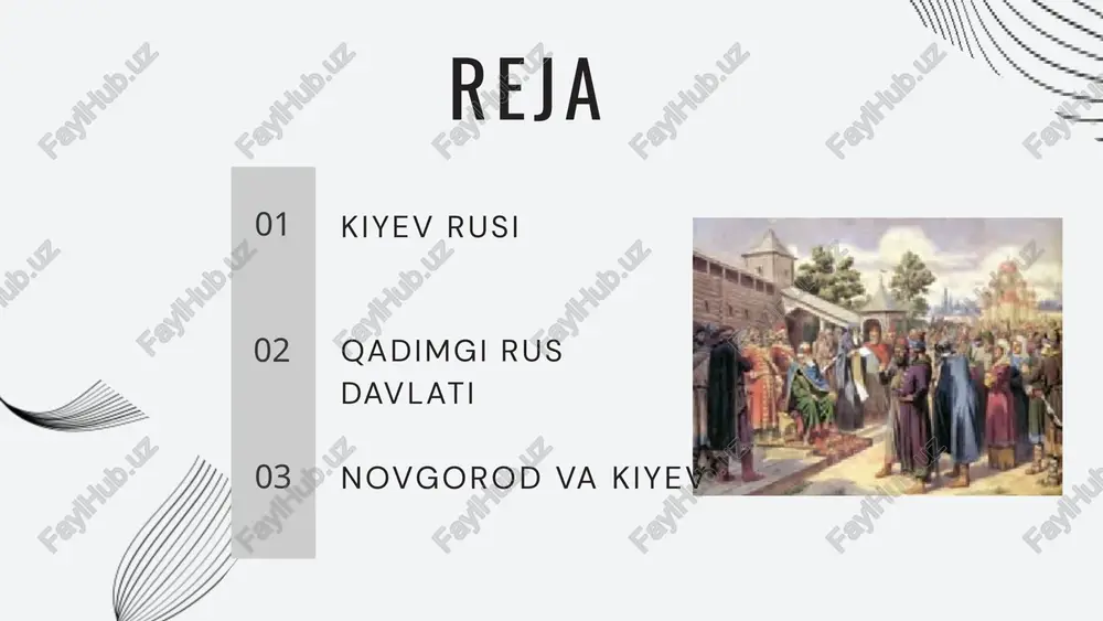 1-qadam 882 yil knyaz oleg kiyevni (qadimgi ukraina) bosib olib uni davlat poytaxti qilgan. 2-qadam 988—89 yillarda vladimir i svyatoslavich xristianlikni davlat dini sifatida joriy etgan. 3-qadam shaharlarda (kiyev, novgorod, ladoga, beloozero, rostov, suzdal, pskov, polotsk va boshqalar) hunarmandchilik va savdo rivojlangan; meʼmoriy va yozma obidalar yaratilgan. oʻrta asrlarda sharqiy yevropadagi davlat. 9-asrning soʻnggi choragida ryurikovichlar sulolasi knyazlari hukmronligi ostida sharqiy slavyanlarning 2 asosiy markazi boʻylab joylashgan yerlarni birlashtirilishi natijasida vujudga kelgan. qadimgi rus knyazlari koʻchmanchilarning (bijanaklar, torklar, polovetslar) bosqinlarini daf qilganlar. yaroslav mudriy hukmronligi (1019—54) — davlatning eng ravnaq topgan davri. ijtimoiy munosabatlar qadimiy rus huquqi toʻplami — rus haqiqati va boshqalar huquqiy hujjatlar orqali tartibga solingan. 11-asrning 2-yarmida knyazlarning oʻzaro nizolari va polovetslarning bosqinlari davlatni zaiflashtirgan. maʼlumotlar eʼtiboringiz uchun tashakkur image1.png image2.png image3.png image4.png image5.png image6.png image7.png image8.png image9.png image10.png image11.png image12.png image13.png image14.png image15.png image16.png image17.png image18.png image19.png image20.png image21.png image22.png image23.png image24.png image25.png