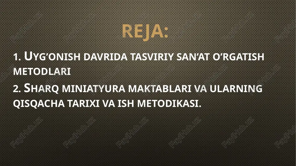 araqqiyoti (“umumsanʼat tarixi”)ni biror mamlakat yoki alohida davrda oʻrganadi va tadqiq qiladi, sanʼatning biror tur yoki janri, oqimi, yoʻnalishi rivojini, ayrim rassomning ijodiy uslubini taxlil qiladi. rasm chizishga nisbatan ishtiyoq insonlarning kundalik hayotida ishlatiladigan buyumlari bezash orqali rivojlandi. eng avvalo sopol idishlarga turli naqsh va tasvirlar tushirish paydo bo’la boshladi. shu alpozda tasvirlar ishlashning dastlabki metodlari ham m yuzaga keldi endi hunarmand o’z shogirdining tasvirlarini qanday ishlashini kuzatib unga yo’l-yo’riqlar ko’rsatadi. chunki shogirdning ustoz ko’rsatmalariga rioya qilishi keyinchalik shu hunarning davom etishida muhim o’rin egallagan. eʼtiboringiz uchun tashakkur image2.jpeg image3.jpeg image4.jpeg image5.jpeg /docprops/thumbnail.jpeg