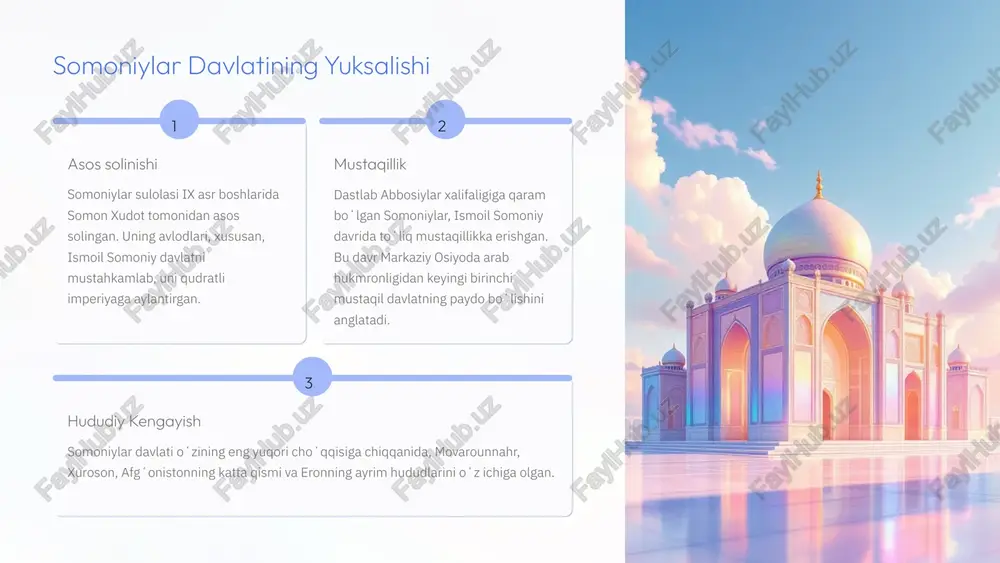 an. meʼmorchilik va sanʼat somoniylar meʼmorchiligi oʻzining nafisligi va mustahkamligi bilan ajralib turadi. buxorodagi ismoil somoniy maqbarasi bu davrning eng yorqin namunalaridan biridir. 4 iqtisodiy taraqqiyot va savdo somoniylar davlati buyuk ipak yoʻli ustida joylashganligi sababli iqtisodiy jihatdan juda rivojlangan. savdo va hunarmandchilik davlat iqtisodiyotining asosini tashkil etgan. savdo yoʻllari xitoy, hindiston, yaqin sharq va yevropa bilan faol savdo aloqalari olib borilgan. buxoro va samarqand yirik savdo markazlari boʻlgan. hunarmandchilik toʻqimachilik, kulolchilik, zargarlik va metallga ishlov berish kabi hunarmandchilik sohalari yuqori darajada rivojlangan. somoniylar tangalari butun mintaqada qabul qilingan. qishloq xoʻjaligi sugʻorish tizimlari takomillashtirilgan, bu esa qishloq xoʻjaligi mahsulotlari yetishtirishni oshirgan. paxta, gʻalla va mevalar asosiy ekinlar boʻlgan. 5 somoniylar davlatining boshqaruv tizimi somoniylar davlati markazlashgan boshqaruv tizimiga ega boʻlib, davlat apparati samarali ishlagan. bu tizim davlatning barqarorligini taʼminlashda muhim rol oʻynagan. 01 amir davlat boshligʻi, mutlaq hokimiyatga ega boʻlgan. uning qarorlari qonun kuchiga ega boʻlgan. 02 vazir amirdan keyingi …