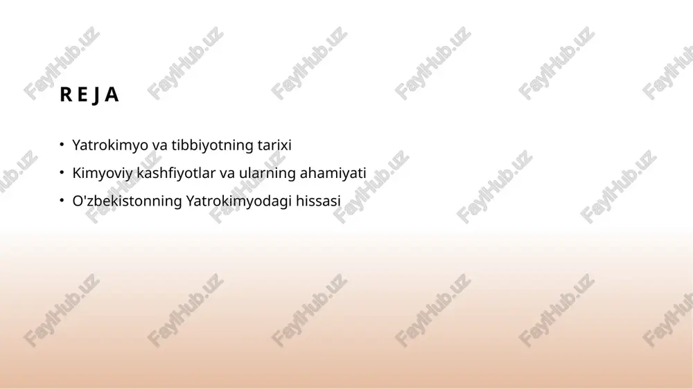 arlar, masalan, al-biruniy va ibn sina, kimyoviy tajribalar orqali tibbiyotda muhim kashfiyotlar qilganlar. 3 zamonaviy tadqiqotlar - hozirgi kunda o'zbekistonda tibbiy kimyo sohasida innovatsion tadqiqotlar olib borilmoqda, bu esa xalqaro ilmiy hamjamiyatda tan olinmoqda. yatrokimyoning rivojlanishi: o'tmishdan hozirgacha. 1 yatrokimyoning boshlanishi yatrokimyo, 16-asrda paracelsus tomonidan rivojlanib, tibbiyot va kimyoning ilk integratsiyasini ta'minladi. u kasalliklarni kimyoviy moddalar bilan davolashni taklif etdi. 2 o'zbekistondagi yutuqlar o'zbekistonda yatrokimyo rivoji, ibn sina va al-biruni kabi olimlar orqali 15-16-asrlarda muhim qadamlar qo'yildi. ular kimyoviy tadqiqotlar va tibbiy amaliyotlarni birlashtirdi. 3 zamonaviy yatrokimyo hozirgi kunda, yatrokimyo yangi texnologiyalar va tadqiqotlar yordamida, biokimyo va farmatsevtika sohalarida rivojlanmoqda, innovatsiyalar yaratishda muhim rol o'ynaydi. kimyoviy kashfiyotlar va ularning tibbiyotga ta'siri. kimyoviy kashfiyotlar tibbiyotda inqilobiy o'zgarishlarni amalga oshirdi. masalan, paracelsusning usullari kasalliklarni kimyoviy moddalardan davolashni taklif etdi. shuningdek, uzbek alkimyogarlar ham dori vositalarini ishlab chiqarishda muhim rol o'ynadilar. kimyoviy kashfiyotlar: tibbiyotga qo'shgan yangi imkoniyatlar. kimyoviy dori vositalari diagnostika va tahlil …