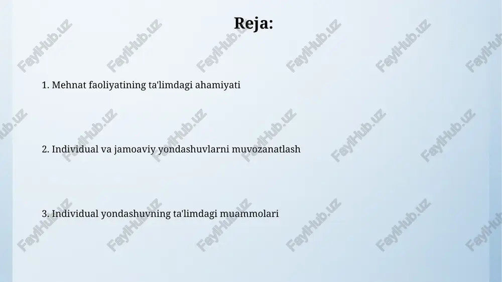 i, bu esa ularning 2023-yilgi xalqaro reytinglardagi o'rnini yaxshilashga olib keladi, masalan, pisa testlarida. ta'limda individual yondashuvning ijobiy va salbiy tomonlari individual yondashuvning samaradorligi o'quvchilarning o'z-o'zini boshqarish ko'nikmalariga, 5 ball shkalasi bo'yicha 3 va undan yuqori ball to'plaganlarning o'qish natijalariga bog'liq, bu esa farg'ona shahridagi tajribalar asosida tasdiqlangan. ta'limda individual yondashuv o'quvchilarning 30% gacha bo'lgan qismida o'ziga xos bilim olish tezligini va samaradorligini oshirishi mumkin, biroq qolgan 70% uchun qo'shimcha resurslar va individualizatsiyalashgan yondashuvlar talab etiladi, masalan, toshkentdagi maktablarda. mehnat faoliyati orqali bilim va ko'nikmalarni rivojlantirish mehnat faoliyati orqali o'quvchilarning 70% gacha amaliy ko'nikmalarini rivojlantirishga erishish mumkin, bu esa toshkentdagi 5 ta maktabda o'tkazilgan tadqiqotlar natijalarida tasdiqlangan. samarqand viloyatida o'tkazilgan tajriba shuni ko'rsatdiki, mehnat darslarini haftasiga 2 soatdan 4 soatga oshirish, o'quvchilarning o'z-o'zini boshqarish qobiliyatini 15% ga yaxshilaydi. mehnat faoliyatining ijtimoiylashuvda roli mehnat faoliyati, 7-10 yoshli bolalarda 20% ga yaqin ijtimoiy ko'nikmalarni rivojlantirishga yordam beradi, bu esa samarqanddagi tajriba maktablarida …