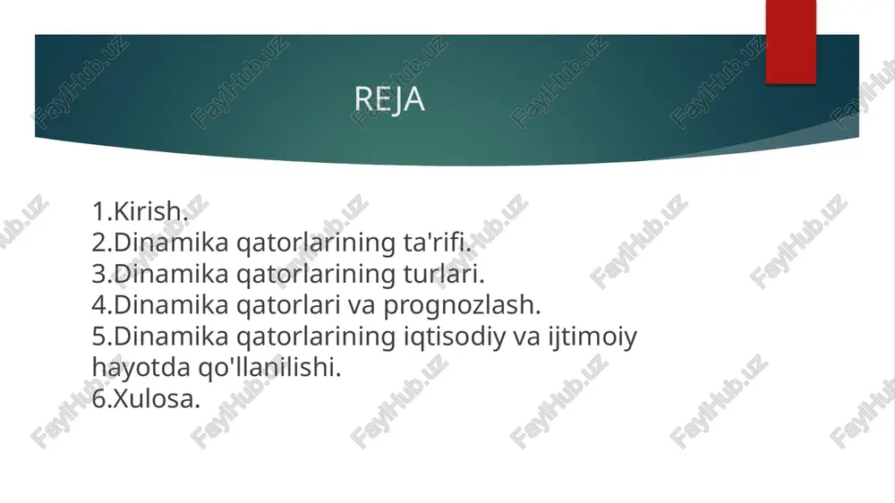 iladi. zanjirli qatorlar - bu qatorlar o'zgarishlar ketma-ketligini kuzatish uchun ishlatiladi. ular oldingi qiymatga asoslanib, kelajakdagi qiymatni prognozlashga yordam beradi. dinamika qatorlari va prognozlash. dinamika qatorlarini prognozlash orqali kelajakdagi o'zgarishlarni oldindan bilish mumkin. prognozlashning eng mashhur usullaridan biri avtomatik regresiya integratsiyalangan ko'rinishli o'zgarishlar modeli (arima) hisoblanadi. bu model vaqt davomida o'zgarishlarni prognozlashda ishlatiladi. shuningdek, eksponential moyil (exponential smoothing) usuli ham qo'llaniladi. dinamika qatorlarining iqtisodiy va ijtimoiy hayotda qo'llanilishi. dinamika qatorlari iqtisodiy va ijtimoiy jarayonlarni tahlil qilishda keng qo'llaniladi. ular quyidagi sohalarda ishlatiladi: iqtisodiy o’sish prognozi - davlat iqtisodiyotining o'sish darajasini aniqlashda, dinamika qatorlari o'zgarishlarini tahlil qilish juda muhim. xalqaro savdo - import va eksport hajmlarini tahlil qilishda vaqt davomida o'zgarishlarni kuzatish uchun dinamika qatorlari ishlatiladi. aholi soni o’zgarishi - aholining o'sishi yoki kamayishi dinamikasini o'rganish uchun statistik qatorlardan foydalaniladi. ijtimoiy hodisalar tahlili - jinoyat, ta'lim darajasi, sog'liqni saqlash tizimi kabi sohalardagi o'zgarishlarni tahlil qilishda ham dinamika qatorlari qo'llaniladi. xulosa dinamika …