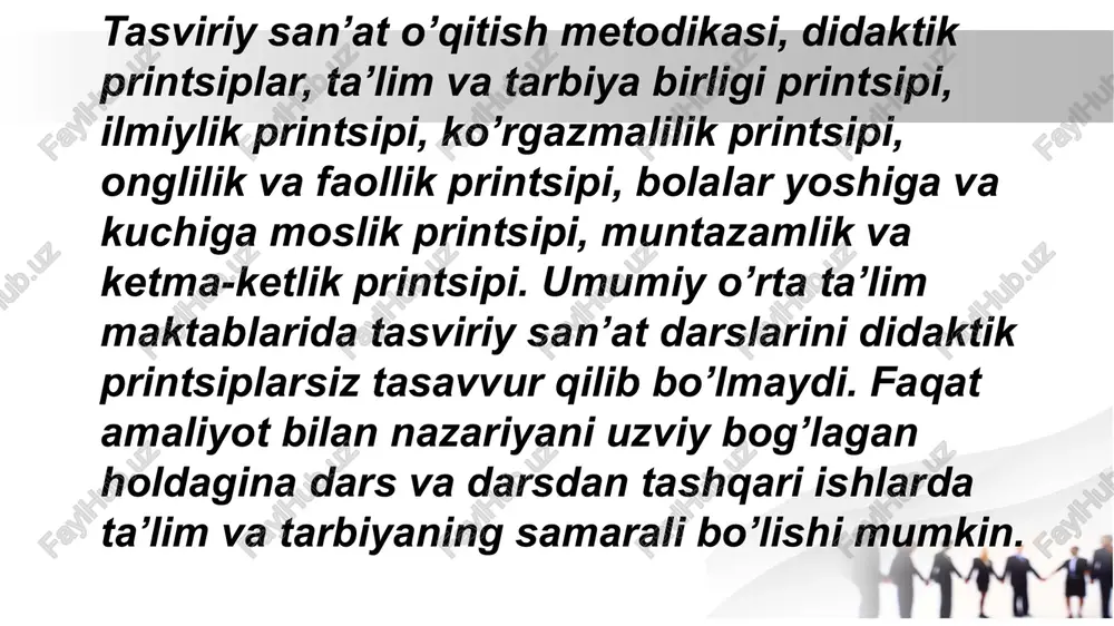 adi, shu zaylda ularda ona-vatanga, o’lkaga nisbatan mehr-muhabbat tuyg’ulari yanada kuchayadi. tasviriy san’at darslarida millatlararo totuvlik va baynalminal tarbiyani amalga oshirish dasturi ham va u turli mavzularda kattalashtirish, boshqa millat va xalqlar hayotini ifodalovchi suratlarning reproduktsiyalarini, xalq ertaklariga tegishli illyustratsiyalarni namoyish etish orqali amalga oshirish. “meh el delegatsiyasini kutib olishimiz”, “chet el delegatsiyasini kutib olish”, “turistlar” mavzularida rasm chizdirish harakati o’yingan suhbatlarda o’quvchilar o’ngiga millatlararo totuvlik, do’stlik tomonlarini singdirishga harakat qurish. eʼtiboringiz uchun tashakkur image2.jpeg image3.jpeg image4.jpeg image1.jpeg /docprops/thumbnail.jpeg