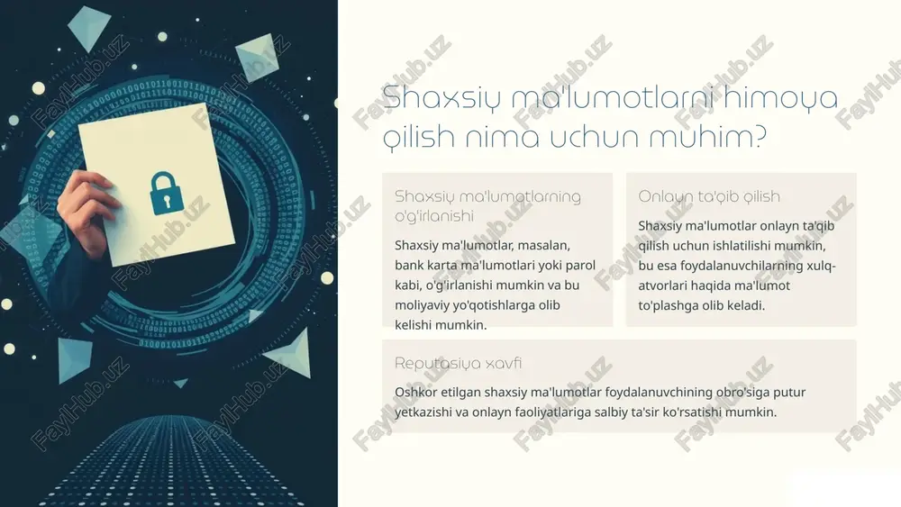 ar nima? cookie-lar saytlar tomonidan foydalanuvchilarning brauzerlariga saqlanadigan kichik ma'lumotlar to'plamlari bo'lib, ular foydalanuvchi haqida ma'lumot to'plash uchun ishlatilishi mumkin. cookie-larni boshqarish ko'plab brauzerlar foydalanuvchilarga cookie-larni qabul qilish, rad etish yoki ularni o'chirish imkoniyatini taqdim etadi. cookie-lardan himoyalanish foydalanuvchilar cookie bloklovchi kengaytirmalarni yoki maxfiylikka e'tibor qaratadigan brauzerlarni ishlatishlari mumkin. 5 qidiruvni shaxsiylashtirish va maxfiylikni saqlash shaxsiylashtirilgan qidiruv qidiruv tizimlari foydalanuvchilarning qidiruv tarixi va boshqa ma'lumotlarga asoslanib qidiruv natijalarini shaxsiylashtiradi. maxfiylik foydalanuvchilar shaxsiylashtirilgan qidiruvni o'chirib qo'yishlari yoki maxfiylikka e'tibor qaratadigan qidiruv tizimlaridan foydalanishlari mumkin. maxfiy qidiruv ba'zi qidiruv tizimlari foydalanuvchilarning qidiruvlarini yozmaydilar. 6 ijtimoiy tarmoqlar uchun kengaytirmalar maxfiylik sozlamalari ijtimoiy tarmoqlarning maxfiylik sozlamalarini sozlash foydalanuvchilarning ma'lumotlarini himoya qilishga yordam beradi. kuzatuv kodlarini blokirovka qilish kengaytirmalar ijtimoiy tarmoqlar tomonidan joylashtirilgan kuzatuv kodlarini blokirovka qilishi mumkin. ma'lumotlarni baham ko'rishni boshqarish kengaytirmalar foydalanuvchilarga ijtimoiy tarmoqlarda qanday ma'lumotlarni baham ko'rishni tanlashga imkon beradi. 7 jilovlangan ma'lumotlarni qurish jilovlangan ma'lumotlar foydalanuvchilarning shaxsiy ma'lumotlarini saqlash va ularga …