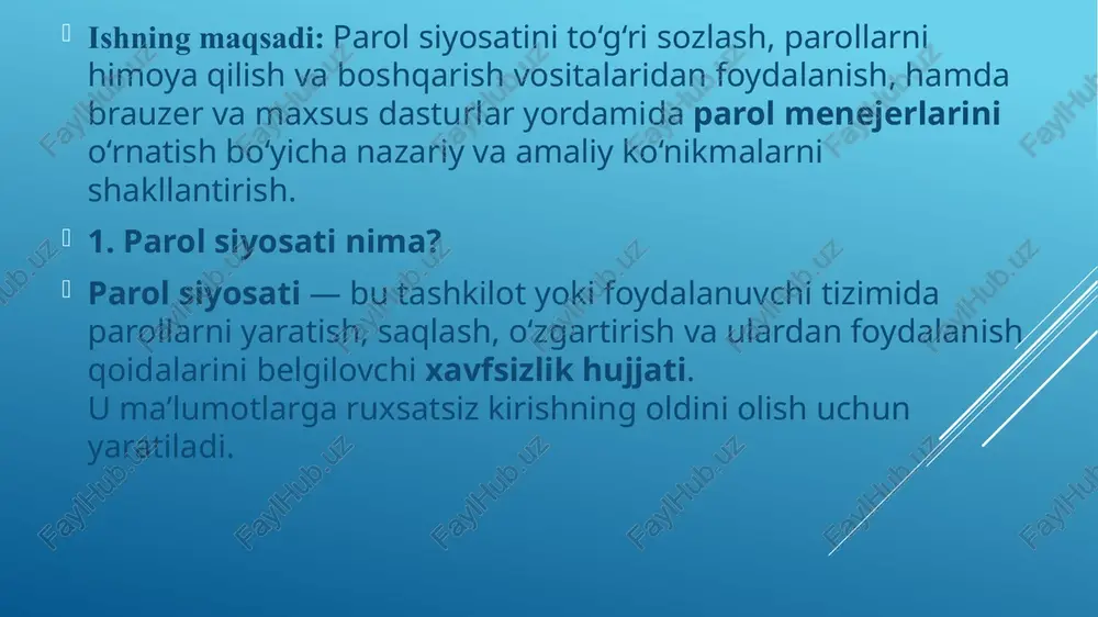 ik; ish joyida yozib qoldirmaslik; har xil tizimlarda bir xil parol ishlatmaslik; parollarni 3–6 oyda bir marta yangilab turish. 7. parol menejerlari nima? parol menejeri — bu dasturiy vosita bo‘lib, turli sayt va tizimlardagi login-parollarni shifrlangan shaklda saqlaydi, kerak bo‘lsa avtomatik to‘ldiradi va yangi kuchli parol yaratadi. eng mashhur parol menejerlar: google chrome password manager lastpass 1password, bitwarden, dashlane 8. amaliy qo‘llanish: google chrome parol menejeri foydalanuvchi birinchi marta saytga kirganda chrome parolni saqlashni taklif qiladi. parol google akkauntida shifrlangan holatda saqlanadi. “paroli” menyusidan barcha parollarni boshqarish mumkin. 9. lastpass dasturi bilan ishlash dastur o‘rnatiladi va foydalanuvchi ro‘yxatdan o‘tadi. kuchli “asosiy parol” yaratiladi. lastpass parollarni import qiladi yoki yangilarini avtomatik yaratadi. dastur parollarni shifrlangan bazada saqlaydi. brauzerda parollarni avtomatik to‘ldirish imkoniyatini beradi. nazorat savollariga javoblar parol siyosati – parol yaratish, saqlash va yangilash qoidalarini belgilovchi hujjat. asosiy bo‘limlar – tavsif, maqsad, qo‘llash doirasi, siyosat, ko‘rsatmalar, himoya qoidalari. zaif parol belgisi …