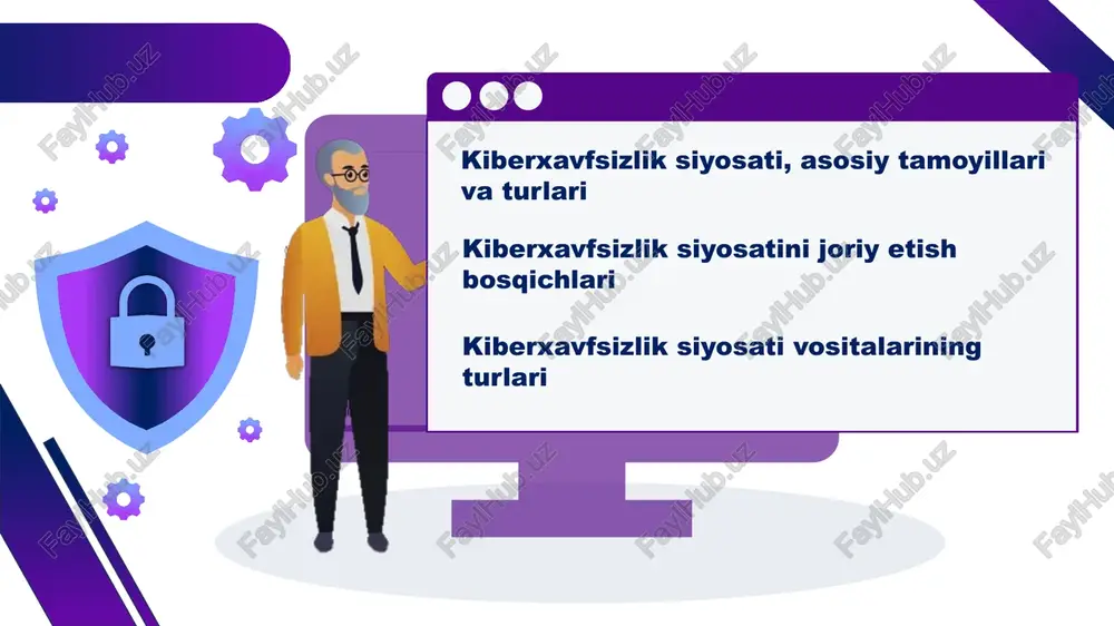 yechimi sifatida, kuchli parollar va virtual xususiy tarmoq (vpn) dan foydalanish tahdidlarni aniqlash xodimlarni o'qitish fikr-mulohazalarni tinglash tegishli talablarni aniqlang kiberxavfsizlik siyosatini joriy etish bosqichlari siyosat loyihasi siyosatni muntazam yangilash kiberxavfsizlik siyosati vositalarining turlari ***** texnologik vositalar texnologik vositalar ma'lumotlarning xavfsizligini avtomatlashtirish va himoyani mustahkamlashga qaratilgan. ma'muriy vositalar ma'muriy vositalar siyosat ishlab chiqarishda inson omili, qoidalar va siyosat hujjatlarini o‘z ichiga oladi. bu turdagi siyosatlar tashkilot ichida intizomni va xavfsizlikni boshqarishga yordam beradi jismoniy vositalar jismoniy vositalar tashkilot infratuzilmasini tashqi xatarlardan himoya qilishga qaratilgan. bu turdagi vositalar ayniqsa ma'lumotlar markazlari yoki serverlar xavfsizligi uchun muhimdir. texnologik foydalanish: antivirus dasturlari. tarmoq ds (xavfsizlik devori, i/ips). ma'muriy: parol siyosati. samarali huquqlarini boshqarish. jismoniy jihatdan: serverlarni jismoniy himoya qilish. video kuzatuv tizimlari kiberxavfsizlik siyosati vositalarining turlari texnologik vositalar texnologik vositalar antivirus dasturlari: tashkilotda ishlatiladigan kompyuter va tarmoqlarni zararli dasturlardan himoya qilish. firewalllar ma'lumotlar oqimini nazorat qilish va ruxsatsiz ulanishlarni bloklash shifrlash vositalari: ma'lumotlarni …