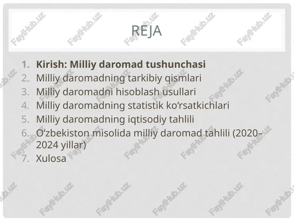 (per capita gdp) orqali mamlakatlar iqtisodiyoti global miqyosda taqqoslanadi. milliy daromadni ajratishdagi muhim nuqtalar yakuniy mahsulot: faqat oxirgi iste’molchiga mo‘ljallangan mahsulotlar hisoblanadi. masalan, avtomobil zavodida ishlab chiqarilgan mashina – ha, lekin uning shinalari alohida oraliq mahsulot sifatida olinmaydi. oraliq mahsulotlar: bular boshqa mahsulotlar ishlab chiqarishda foydalanilgan vositalar bo‘lib, ularning qiymati umumiy yim hisobida takroran hisobga olinmasligi kerak. sof yoki real qiymatlar: milliy daromad o‘sishini tahlil qilishda real qiymatlar muhim, chunki ular narx o‘zgarishlaridan tozalanadi. tushunchalarni ajratish: yim, ymm, smm, md tushuncha formulasi tavsif yim mamlakat ichida yaratilgan barcha yakuniy mahsulot va xizmatlar qiymati hududiy yondashuv ymm yim + chetdan olingan sof daromad – chetga to‘langan daromad milliylik yondashuvi smm ymm – amortizatsiya sof ishlab chiqarish qiymati md smm – bilvosita soliqlar + subsidiyalar to‘g‘ridan-to‘g‘ri ishlab chiqarish omillariga tegishli sof daromad milliy daromad va turmush darajasi milliy daromadning aholi soniga nisbati bo‘yicha aniqlanadigan jon boshiga yim ko‘rsatkichi aholi farovonligining o‘sishini yoki …