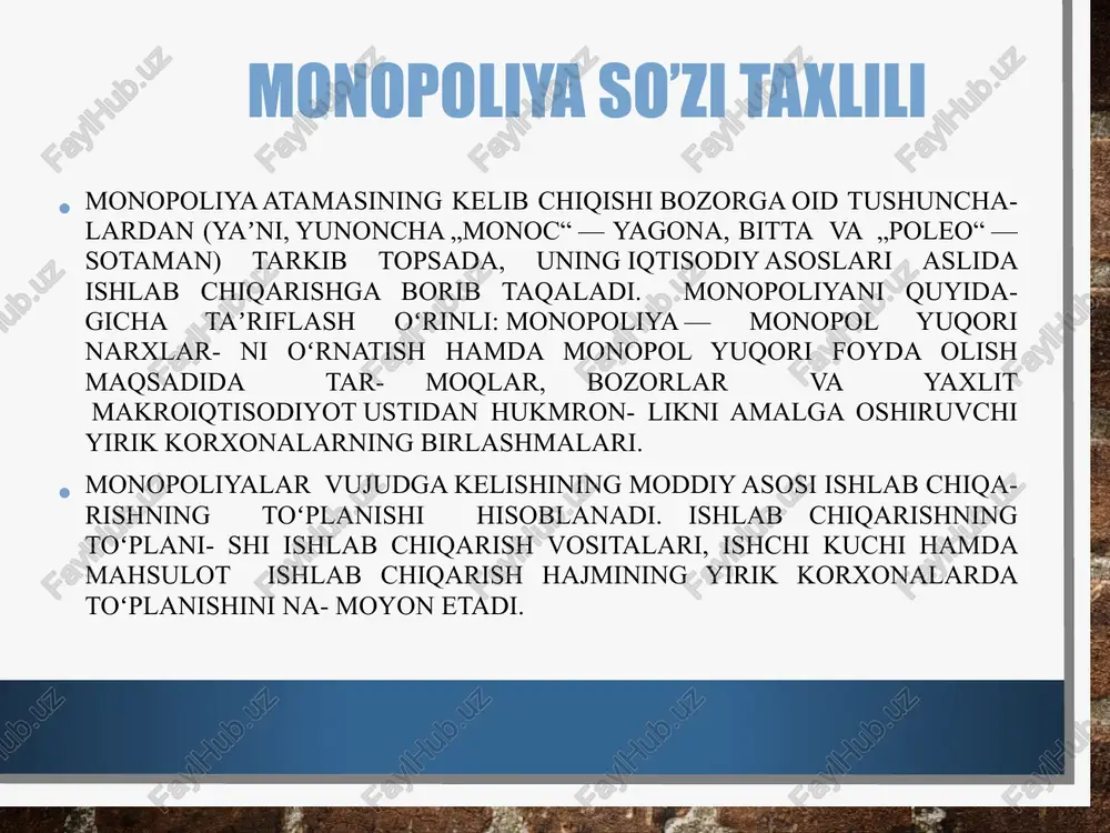 iyoti hukmron davlatlar monopoliyaga qarshi choratadbirlarni koʻradilar. monopoliyaning asosiy shakllari — kartel, sindikat, trest, konsernlar hisoblanadi. oligopoliya so’zi taxlili oligopoliya — tarmoqdagi bir necha yirik ishlab chiqaruvchi yoki sotuvchining narx va ishlab chiqarish hajmini belgilashdagi hukmronlik holati hisoblanadi. oligopoliya (oligo... va yun. poleo — sotaman) — bozorni tashkil etish shakllaridan biri. guruh monopoliyasi, oz sonli yirik korxona (firma)larning bozorda yoki bironbir xoʻjalik soxasida hukmronligi. oligopoliya uchun bozorda bir necha sotuvchining boʻlishi xos, ammo umumiy bozor savdosi hajmida ulardan har birining hissasi juda katta boʻlganidan, har bir sotuvchi oʻzi taklif etadigan mahsulotlar miqdorini oʻzgartirishi bilan narxlarda ham oʻzgarishlar yuz beradi. firmalarning uncha koʻp boʻlmasligi yashirincha kelishishlarga qulaylik tugʻdiradi. bu esa, oʻz navbatida, ularga nar-xlarni belgilash, bozorni boʻlish yoki taqsimlash va boshqacha yoʻllar bilan oʻzaro raqobatni cheklashda qoʻl keladi. yashirincha kelishishning bir qator shakllari (kartel bitimi va boshqalar) bor. monopoliya kabi o. ham nomukammal raqobat koʻrinishi hisoblanadi. oligopolist-ishlab chiqaruvchilarga oʻzbekistonda sement (asosan …