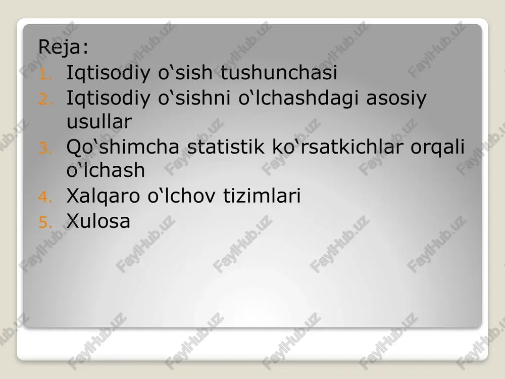 i farovonligi o‘lchovi imf real yim o‘sishi (%) makroiqtisodiy barqarorlikni baholash bmt inson taraqqiyot indeksi (hdi) iqtisodiy + ijtimoiy rivojlanish integratsiyasi unctad investitsiyalar ko‘rsatkichi rivojlanish va raqobatbardoshlik qaysi usul qaysi holatda muhim? usul afzalligi qachon qo‘llanadi? real yim o‘sishi narxlar ta’sirisiz sof o‘sish makroiqtisodiy o‘sish tahlilida jon boshiga yim aholi farovonligi ijtimoiy-siyosiy qarorlar asosida ishlab chiqarish omillari sifat va samaradorlikni baholaydi uzoq muddatli strategik tahlilda hdi, gni, boshqa ko‘rsatkichlar kompleks yondashuv xalqaro solishtirma uchun e’tiboringiz uchun rahmat image2.png image3.png /docprops/thumbnail.jpeg
