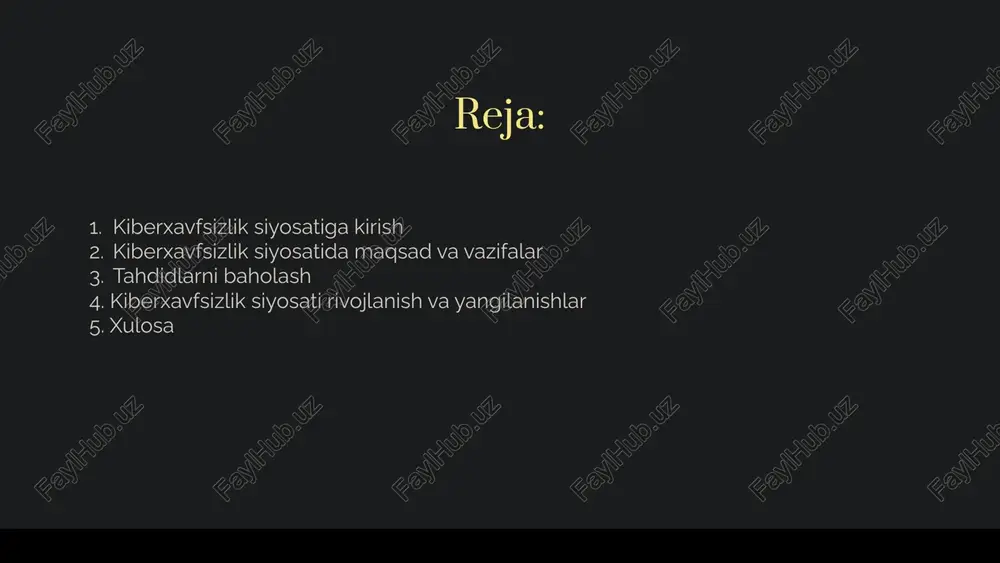 a'lumot xavfsizligi va shunga o'xshash qonuniy talablar ham baholanishi kerak. zamonaviy texnologiyalar bulutli xizmatlar, yirik ma'lumotlar, sun'iy intellekt kabi yangi texnologiyalar yangi xavf-xatarlarni yuzaga keltirishi mumkin. 5 kiberxavfsizlik siyosatining tarkibiy qismlari maqsad va vazifalar kiberxavfsizlik siyosatining asosiy maqsadi va batafsil vazifalari aniq belgilanishi kerak. tashkiliy tuzilma kiberxavfsizlik masalalari bilan shug'ullanuvchi bo'linmalar, lavozimlar va mas'uliyatlar tashkiliy tuzilmada aniq belgilanishi lozim. xavfsizlik nazorati tizimlar, tarmoqlar va axborotlarning xavfsizligini ta'minlovchi texnologik choralar ko'rib chiqilishi kerak. hodisalar boshqaruvi kiberxavfsizlik voqealari, hujumlar va buzilishlar yuz berganda qanday harakat qilish kerakligi belgilanadi. 6 kiberxavfsizlik siyosatining huquqiy va me'yoriy bazasi 1 milliy qonunchilik davlat tomonidan qabul qilingan ma'lumotlar xavfsizligi, shaxsiy axborot va ommaviy ma'lumotlarni himoya qilish qonun-qoidalari. 2 xalqaro standartlar iso/iec 27001, nist kiberxavfsizlik çerçevasi, pci dss kabi xalqaro kiberxavfsizlik standartlaridan foydalanish. 3 tarmoq siyosatlari tashkilotning internet, elektron pochta, mobil qurilmalar va boshqa tarmoqlarga oid ichki siyosatlari. 4 patentlar va mualliflik huquqlari tashkilotning intellektual mulkini qonuniy himoya …
