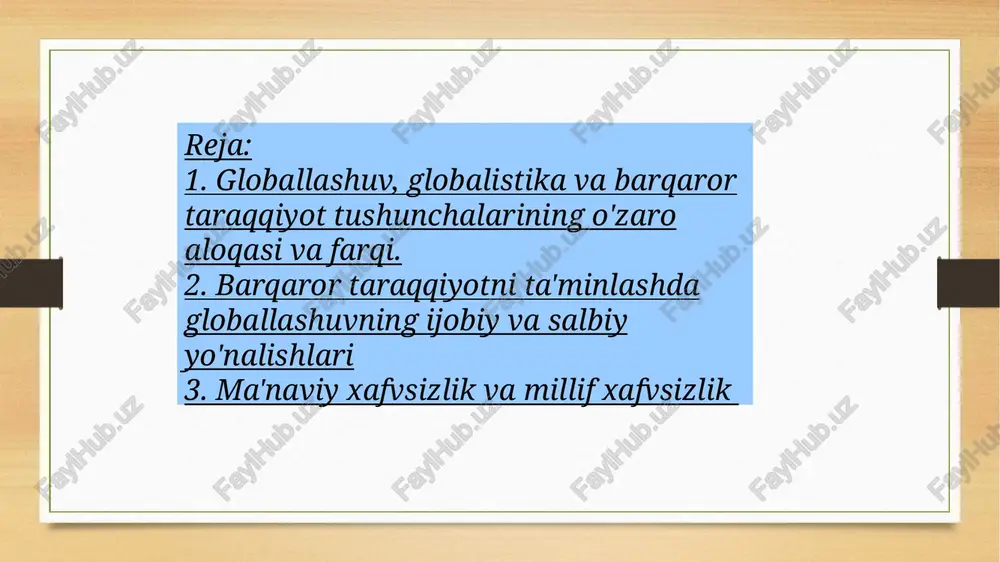 , ta'siri, ta'ziyqining kuchayishi. xalqaro jinoiy biznes –narkotiklar, qurol savdosining kuchayishi. vayronkor g’oya mafkuralarning jahon xalqlari ongida tarqalishi. ”ommaviy madaniyat” g’oyalari axloqiy buzuqlik-erkin muhabbat”dan bir jinsli insonlar o’rtasida nikoh tuzishgacha bo’lgan eng tuban insoniy faoliyat individualizamshaxsning o’z manfaatlarini o’zgalar manfaatlaridan ustun qo’yishi zo’ravonlikinsonning inson ustidan o’z hukmronligini o’tkazish egosentrizminsonning o’z “men”ligini ustuvor qo’yishi ”ommaviy madaniyat” g’oyalariga qarshi kurashuvchi yo’l milliy qadriyatlarimiz, madaniyatimizning hayotbaxsh ne’mat ekanligini o’quvchiyoshlar, talabalar ongi va qalbiga singdirish orqali ularga “ommaviy madaniyat “ta’siriga qarshi mafkuraviy immunitetni shakllantirish bugungi ma’naviyma’rifiy ishlarimizning asosiy yo’nalishi sifatida rejalashtirilishi, amalga oshirilishi va samaradorligini sarhisob qilinishi taqazo elmoqda. i. a. karimov ma'naviy xavfsizlik-jamiyat a'zolarini ma'naviy xurujlar, g'oyaviy tahdidlarlar himoyalanish tizimini ifodolovchi tushuncha foydalanilgan adabiyot: ma' naviyat asoslari fani darsligi 10-sinf falsafa darsligi image5.png image6.png image7.jpeg image8.jpeg image9.jpeg image10.jpeg image11.jpeg image12.jpeg image13.jpeg image14.jpeg image15.jpeg image16.jpeg image17.jpeg image3.png image4.png
