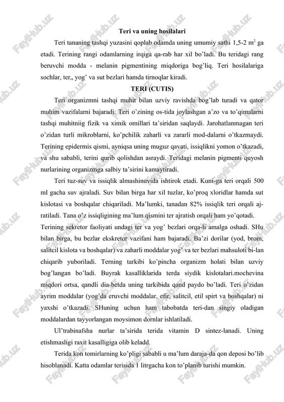terida vitamin d sintez-lanadi. uning etishmasligi raxit kasalligiga olib keladd. terida kon tomirlarning ko’pligi sababli u ma’lum daraja-da qon deposi bo’lib hisoblanadi. katta odamlar terisida 1 litrgacha kon to’planib turishi mumkin. teri taktil, harorat va og’riqni sezuvchi nerv oxirlariga boy bo’lib, keng retceptor maydon hisoblanadi. ba’zi joylar (bosh va panja) terisining 1 sm2 yuzasida 300 tagacha sezuvchi nuqtalar borligi aniqlangan. taraqqiyoti. teri pushtning 2 ta embrional varag’i - ekto-derma va mezodermasidan taraqqiy etadi. ektoderma terining epitelial qoplamasi - epidermisini hosil qilsa, me-zodermanipg hosilasi bo’lmish dermatomlar xususiy tsri - der-ma hamda teri osti yog’ qatlami - gipodermani vujudga keltira-dn. pusht taraqqiyotining birinchi haftalarida epidermis bir tcavat yassi hujayralardan iborat, keyinchalik bu hujayralar «balandlashadi». embrion hayotining 1-oyi oxirlarida u ikki qavatli bo’ladi. uchinchi oylarga kelib, epiteliy hujayralary-ning ko’payishi tufayli, epidermis ko’p qavatliga aylanadi. homilaning 4 oylik davridan boshlab, eng sirtqi 2-3 qavat hu-jayralar yassilashib, tcitoplazmasi oksifil xususiyatga ega bo’-ladi va shu boisdan …