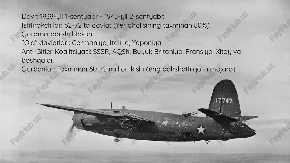 . 1944-yil 6-iyun: "d-day" (normandiya operatsiyasi, "overlord"). fransiyaning ozod qilinishi (parij, 1944-yil avgust). germaniya hududiga kirib borish. 6 milliondan ortiq yahudiyning tizimli yo'q qilinishi. kontslagerlar (osvensim, treblinka va boshqalar). siganlar, slavyanlar, nogironlar, siyosiy raqiblarning qurbon bo'lishi. 1945-yil avgust: aqshning xirosima (6- avgust) va nagasaki (9-avgust) shaharlariga atom bombalarini tashlashi. sssrning yaponiyaga qarshi urushga kirishi. 1945-yil 2-sentyabr: yaponiyaning taslim bo'lishi (urushning to'liq yakunlanishi). yalta va potsdam konferensiyalari (urushdan keyingi dunyo masalalari). sovet qo'shinlarining berlin operatsiyasi (1945-yil aprel-may). 1945-yil 8-may (9-may): germaniyaning so'zsiz taslim bo'lishi (yevropada urushning yakunlanishi). siyosiy: bmtning tashkil topishi; dunyoning ikki blokga bo'linishi (sovuq urushning boshlanishi); mustamlakalarning mustaqillikka erishishi. iqtisodiy: yevropaning vayron bo'lishi va aqshning dunyo yetakchisiga aylanishi. harbiy jinoyatlar ustidan sud: nyurnberg va tokio tribunallari. xulosa: ikkinchi jahon urushi insoniyatga tinchlikning qadrini va totalitarizm xavfini eslatib turuvchi eng katta fojia bo'ldi. yakuniy chaqiriq: tarixni unutmaslik, tinchlik uchun kurashish.