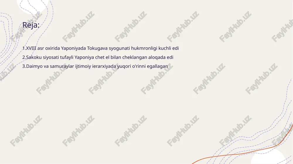 iyani izolyatsiya qilishga olib keldi daimyo va samuraylar ijtimoiy ierarxiyada yuqori o'rinni egallagan • daimyolarning mavqei - daimyolar yaponiyaning feodal hukmdorlari boʻlib, keng yer mulklariga ega edilar. ular oʻz hududlarida mustaqil boshqaruvni amalga oshirgan. daimyolar samuray qoʻshinlariga qoʻmondonlik qilishgan. bu ularga katta siyosiy kuch bergan • samuraylar vazifasi - samuraylar harbiy sinf aʼzolari sifatida daimyolarga xizmat qilishgan. ular bushido deb atalgan qatʼiy axloq kodeksiga rioya qilishgan. samuraylar jangovar mahorat va sadoqat bilan mashhur boʻlgan. ular ijtimoiy ierarxiyada hurmatli oʻrinni egallagan • ierarxik tuzilma - feodal yaponiyada imperator eng yuqori mavqega ega boʻlgan. daimyolar uning ostida kuchli feodallar sifatida hukmronlik qilishgan. samuraylar esa daimyolarning harbiy qoʻllab-quvvatlovchilari boʻlgan. bu tizim edo davrida mustahkamlanib qolgan • ijtimoiy taʼsir - daimyo va samuraylar iqtisodiy va madaniy hayotga katta taʼsir koʻrsatishgan. ular sanʼat va adabiyotni homiylik qilishgan. bu sinflar yaponiyaning rivojlanishida muhim rol oʻynagan. ularning merosi hozirgacha saqlanib qolgan qishloq xo'jaligi iqtisodiyotning asosiy tarmog'i bo'lib …