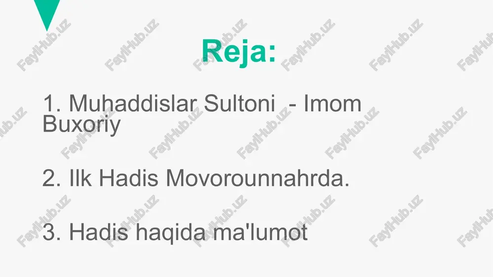 am bu markazga ham kirib, o‘ziga katta ozuqa olsin, bobolarimiz hikmatlaridan o‘rganib ketsin. shunda ularning qalbida ulug‘ ajdodlarimiz bilan faxrlanish tuyg‘usi rivoj topadi, ayni paytda shunday buyuk zotlarning avlodi mas’uliyatini his etadi”. 6 ilk hadis movorounnahrda movarounnahrda birinchi boʻlib imom abdulloh ibn muborak al-marvaziy rohimahulloh hadis toʻplamini tasnif etgan. bundan tashqari ahmad ibn hanbal al-marvaziy, ishoq ibn rohavayh almarvaziy, haysam ibn kulayb ashshoshiy, abu bakr ahmad ibn muhammad al-barakotiy, ibrohim ibn maʼqul annasafiy va boshqalar hadis toʻplamlarini tasnif etishgan. keyinchalik, milliy-siyosiy ixtiloflar natijasida, paygʻambar sollallohu alayhi vasallam nomidan yolgʻon hadislar toʻqish, fiqh va kalom ilmi sohasidagi ziddiyatlar, amir va hokimlarga xushomadgoʻylik oqibatida koʻplab ishonarsiz, toʻqima hadislar yuzaga kelgan. 7 ix - x asrlarda davr oʻtishi bilan hadislar tanlanib, muhim deb hisoblanganlari bir tizimga solina boshladi. 9— 10-asr boshlarida dindorlar orasida eng ishonchli deb tanilgan hadisning 6 ta toʻplami vujudga kelgan. bular: „sahihi buxoriy“, „sahihi muslim“ (qarang muslim ibn hajjoj), „sahihi …