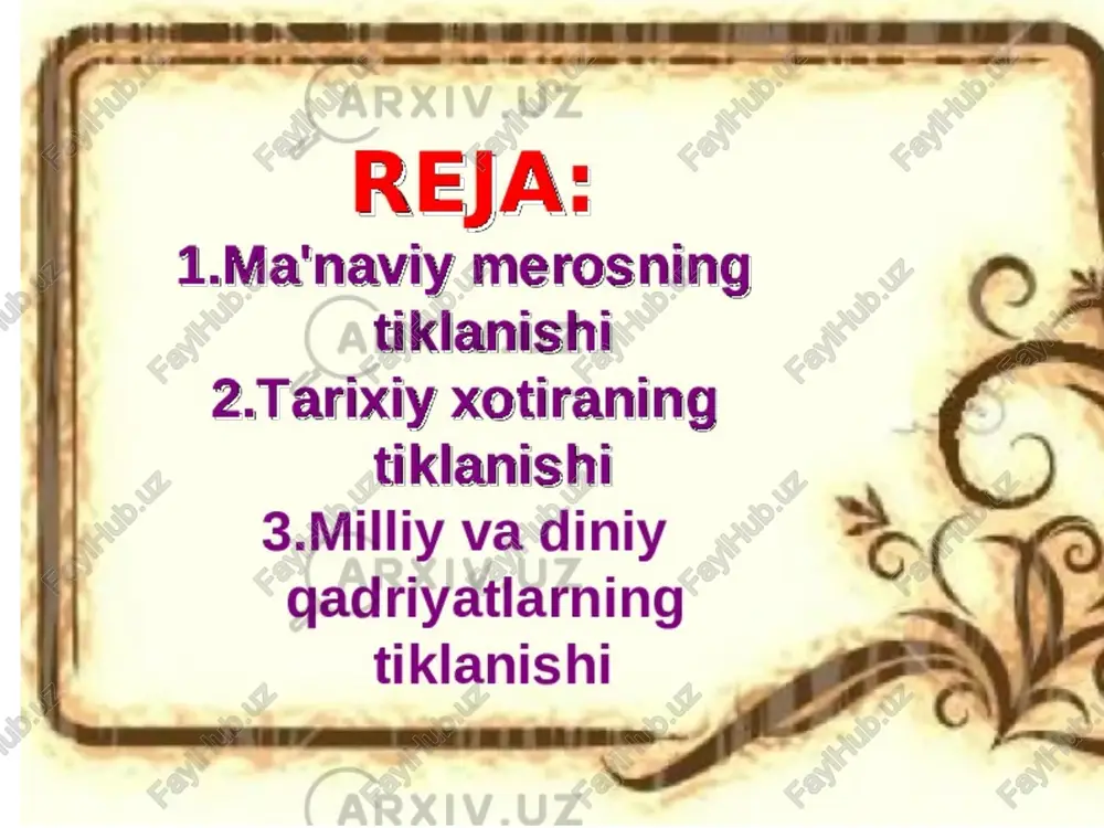 hammad bobur tavalludining 510 yilligi; 1994 yil – mirzo ulug`bek tavalludining 600 yilligi; 1996 yil – amur temur tavalludining 660 yilli; 1997 yil – abdulhamid sulaymon o`g`li cho`lpon tavalludining 100 yilligi; buyuk allomalarimiz yubileylari munosabati bilan ularning o`nlab noyob asarlari turli tillarda nashr etildi, ularga atab haykallar o`rnatildi, ziyorathoglar, bog`lar yaratildi.“oltin meros” xayriya jamg`armasi “xalq merosi durdonalari” ilmiy anjumanlarini, xorijdan izlab topilgan qo`lyozmalar, tarixiy hujjatlar, xalq hunarmandchiligi amaliy san`at namunalari, yodgorliklarini tahlil qilish, ko`rik tanlovlar o`tkazish bilan shug`ullanmoqda. qadim zamonlardayoq yuritimizda din erkin mavjud bo`lgan. zardushtiylar, buddiylar, moniylar, musulmonlar va boshqa diniy e`tiqoddagilar inoqlikda yashagan, tenglik, erkinlik g`oyalariga amal qilgan. xalqimiz ma`naviy jihatdan ko`pgina afzalliklarga ega bo`lgan islom dinini qadrlaydi. abu abdulloh muhammad ibn ismil al-buxoriy islom dini ta`limotida qur`oni karimdan keyingi asosiy manbaa hisoblanuvchi “al-jomi` as-sahih” nomli asar yaratib islom dinini boyitdi. bobokalonlarimiz imom abu mansur al-moturidiy, burhoniddin al-marg`inoniy, bahouddin naqshbandkabilardir foydalanilgan adabiyotlar: i. a . karimov òzbekiston milliy …