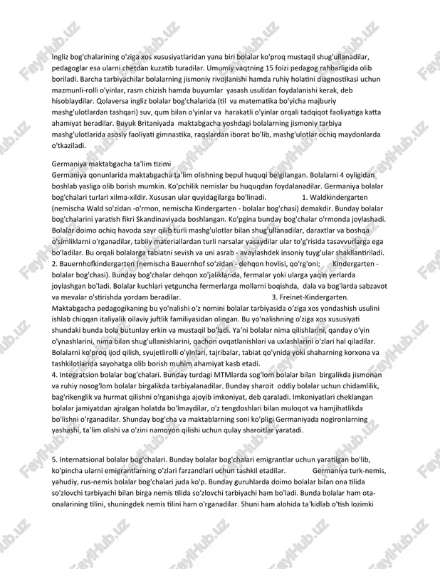 a ta’lim berish o'rganilayotgan predmet yoki o'qituvchiga emas, balki bolaga yo'naltiriladi. bunday yondashuv ingliz ta’limi tarixiga asoslanib, uning taraqqiy etishida russo, frebel, montessorilarning xizmati katta. ular bolaning individualligini rivojlantirish va mustaqilligini himoya qilish kerak deb hisoblaganlar. mamlakatda maktabgacha ta’lim tizimining asosiy maqsadi har bir bolaga mustaqillik, erkinlik, o'z fikrini bayon qilish imkoniyatlarini yaratib berishda o'yinlardan ko'proq foydalanish shuningdek o'yin davomida uqtirish yo'li orqali emas balki yon bosish, qo'llab - quvvatlash yo'li bilan turli materiallar hamda borliqdagi voqea-hodisalar to'g'risida bilimlarni shakllantirishdan iborat. ingliz bolalar bog'chalarida bolalar har bir guruhda 25 nafardan ortiq bo'lmagan miqdorda bo'lib tarbiyalanadilar. shuni alohida ta’kidlash kerakki, ingliz pedagoglarining 75 foizi bolalarni ta’lim olishga qiziqtirish uchun tashqaridan motivatsiya qilishni noma’qul deb hisoblaydilar (masalan bolalar o'rtasida musobaqalashishni) taklif qilmaydilar. yoki musobaqalashish natijasiga ko'ra g'olib bo'lgan bola agar(rasm chizish misolida) mukofotlanadigan bo'lsa, qiziqishi uchun rasm chizmay balki mukofot uchun rasm chizishni xohlab qoladi natijada esa bolada ichki motivatsiya yo'qolib, tashqi …