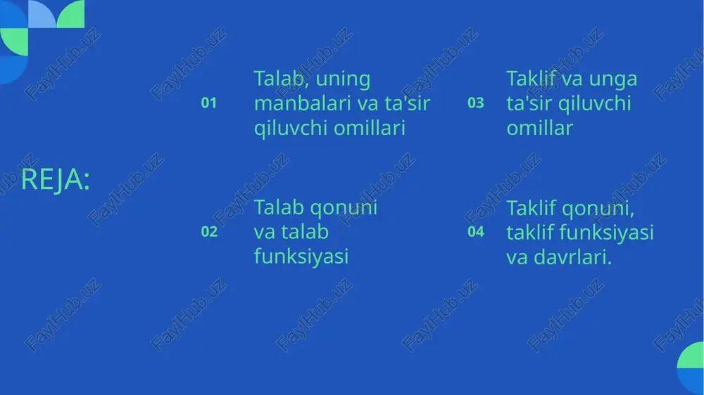 bir narx qo’yib sotiladigan jami tovarlardir. taklif barcha ishlab chiqarilgan mahsulot emas, balki uning sotishga mo’ljallangan qismidir. taklif miqdori narxdan tashqari boshqa omillarga ham bog’liqdir: resurslar narxi. resurslar narxi xarajatni o’zgartirib foydani ko’payishiga ta’sir ko’rsatadi boshqa tovarlar narxi. tovarlar xilma-xil bo’lganidan ular bir-birining o’rnini bosadi. shu sababli bir tovar narxining o’sishi boshqa o’rinbosar tovar taklifini o’zgartiradi. ishlab chiqarish texnologiyasi. mukammal va yangi texnologiya resurslar qimmatlashgan sharoitda ham resurslarni tejashni ta’minlab, xarajatlarni kamaytiradi. . narxning o’zgarish ehtimoli narxning oshishi kutilsa, tovar taklifi qisqaradi, narx oshguniga qadar tovar bozorga chiqarilmay turadi. taklif egri chiziqlari. p narx s p1 p2 q mahsulot miqdori q2 q1 demak, agar bozorda tovar narxi o’zgarmasa, ya’ni p1 saqlanib qolsa, ilgaridagiga nisbatan, bozordagi mahsulot taklifi oshadi, natijada taklif egri chizig’i unga siljiydi. p1 narxga q1 birlik emas q2 mahsulot miqdori to’g’ri keladi. mahsulot ishlab chiqarishning oshishi, bu yerda narxga bog’liq emas, shu sababli taklif egri chizig’i s butunlay …