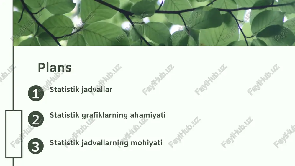 rni tezda tahlil qilish imkonini beradi, masalan, iqtisodiy ko'rsatkichlarni solishtirishda. vaqt seriyalari jadvallari vaqt seriyalari jadvallari bir o'zgaruvchining vaqt davomida qanday o'zgarishini ko'rsatadi. bu turdagi jadvallar iqtisodiy ko'rsatkichlar, ob-havo ma'lumotlari va boshqa ko'plab sohalarda qo'llaniladi, masalan, harorat o'zgarishlarini kuzatishda. ularning afzalliklari statistik jadvallar ma'lumotlarni tartibga solish va tahlil qilishda muhim rol o'ynaydi. ular taqqoslash, tendentsiyalarni aniqlash va qaror qabul qilish jarayonlarini osonlashtiradi, bu esa foydalanuvchilarga to'g'ri qarorlar qabul qilish imkonini beradi. qisqacha tahlil photo by jane on unsplash 04.26.24 04.26.24 statistik grafiklarning ahamiyati - statistik grafiklar ma'lumotlarni vizual tarzda ifodalash uchun muhimdir. - ular murakkab ma'lumotlarni oson tushunishga yordam beradi. - grafiklar statistik tahlilning asosiy qismidir. - ular qaror qabul qilish jarayonini tezlashtiradi. photo by pratik thorat on unsplash 04.26.24 grafiklar turlari va ularning vazifalari statistik grafiklar ma'lumotlarni vizual tarzda taqdim etish uchun muhim vositadir. ular turli xil ma'lumotlarni tushunishni osonlashtiradi va tahlil qilishda yordam beradi, shuningdek, ma'lumotlar bilan ishlashda …