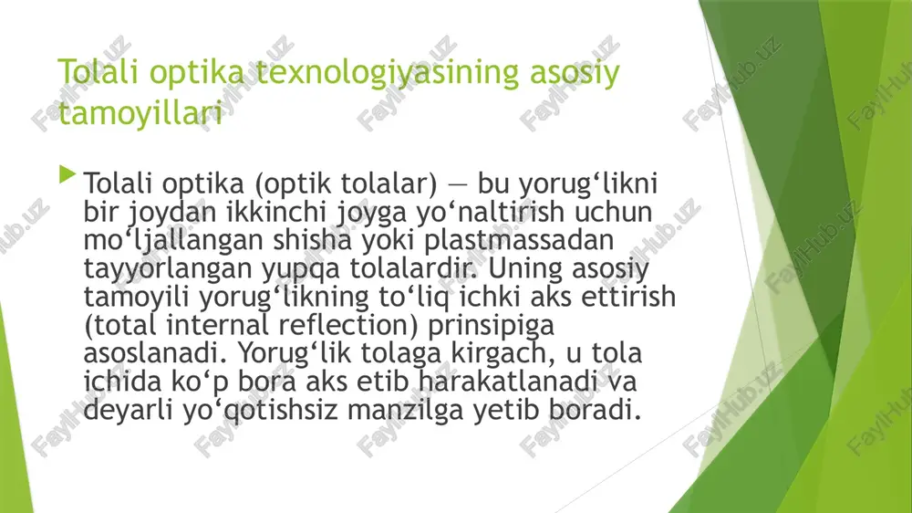 . endoskoplar yordamida oshqozon, o‘t pufagi, bronxlar, qizilo‘ngach va boshqa a’zolar o‘rganiladi. shuningdek, fotosensitiv tolali optik kabellar ham mavjud bo‘lib, ular orqali nafaqat tasvir uzatiladi, balki biologik ma’lumotlar (masalan, harorat, qon bosimi, kislorod darajasi) ham real vaqtda aniqlanadi. bu turdagi qurilmalar jarrohlik amaliyotlarida, ayniqsa yurak va miya operatsiyalarida katta ahamiyatga ega. laserli tolali qurilmalar ham keng qo‘llaniladi. ular orqali aniqlik bilan lazer nurlari yuborilib, to‘qimalar kesiladi yoki buyrak toshlari eziladi. ularning ustunligi shundaki, an’anaviy jarrohlikka nisbatan kam qon yo‘qotiladi, tiklanish tez bo‘ladi va infeksiya xavfi kamayadi. tolali optik tizimlar bugungi kunda hamon takomillashib bormoqda. yangi turdagi nano-optik tolalar ishlab chiqilmoqda. ular tibbiyotning yuqori aniqlikdagi diagnostikasi va onkologik kasalliklarni erta aniqlashda qo‘l keladi. tolali optika orqali amalga oshiriladigan tibbiy diagnostika usullari tolali optika yordamida amalga oshiriladigan diagnostika usullari orasida endoskopiya eng mashhuridir. bu usul orqali shifokorlar oshqozon-ichak traktining holatini bevosita ko‘rishlari mumkin. hozirda hd va 3d tasvir uzatish imkonini beruvchi zamonaviy …
