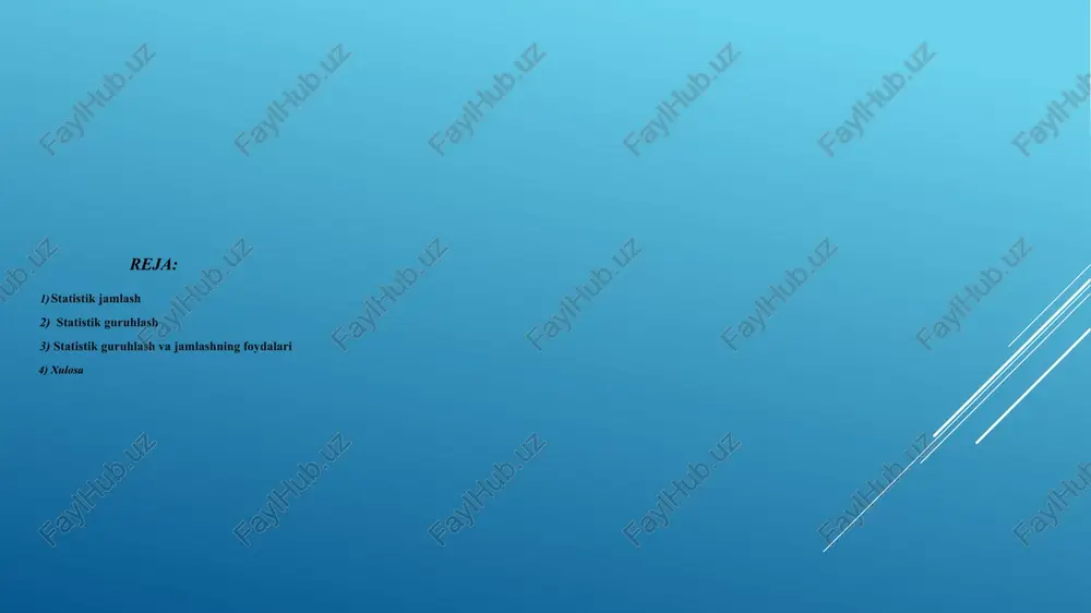 amlashning foydalari: tahlil osonlashadi: katta hajmdagi ma'lumotlar to'plamini guruhlash va jamlash orqali tahlil qilishni osonlashtiradi. trendlarga aniqlik kiritadi: ma'lumotlarni umumlashtirish trendlarga aniqlik kiritadi va ularni aniq ko'rsatishga yordam beradi. qiyoslash imkoniyatlari yaratadi: guruhlash va jamlash metodlari turli guruhlar orasida farqlarni ko'rishga imkon beradi. xulosa: statistik jamlash va guruhlash statistik tahlilning asosiy usullaridir, ular ma'lumotlarni aniqroq tushunishga va ularni samarali tahlil qilishga yordam beradi. bu usullar har qanday sohada, ayniqsa iqtisodiyot, ta'lim, tibbiyot va boshqa ko'plab sohalarda qo'llaniladi. quyida stat.uz saytida keltirilgan ayrim statistik ma’lumotlar foydalanilgan adabiyotlar davlat statistika qo'mitasi hisobotlari. anderson, sweeney, williams-"statisticsfor business and economics“ stat.uz sayti etiboringiz uchun tashakkur image1.jpeg image2.jpeg image3.jpeg image4.jpeg image5.jpeg /docprops/thumbnail.jpeg