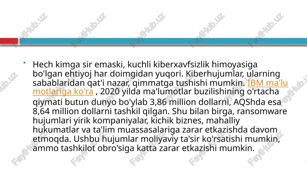 zaifligini o'lchaydi. xavfsizlikning yana bir muhim qismi bu hujum yoki buzilish sodir bo'lganda tashkilot qanday munosabatda bo'lishidir. masalan, sizda ma'lumotlar buzilishining ta'sirini kamaytirish uchun xavfsiz joyda zaxiralangan asosiy ma'lumotlaringiz bormi? 6 kiberxavfsizlik pozitsiyangizni mustahkamlash uchun 6 qadam 16x9 4x3 7 1. muntazam ravishda xavfsizlik holatini baholashni o'tkazing xavfsizlik xavflari haqida gap ketganda tashkilotingiz qayerda turishini bilish kuchli xavfsizlik pozitsiyasini yaratish yo'lidagi birinchi qadamdir. yuqorida aytib o'tilganidek, siz faol ravishda xabardor bo'lgan xavflardan himoyalanish osonroq. dastlabki baholashni o'tkazish ko'p vaqt talab qilishi mumkin bo'lsa-da, bu uzoq muddatda vaqt va resurslarni tejaydi. agar sizga yordam kerak bo'lsa, tashkilotingiz uchun xavflarni baholashni amalga oshiradigan vciso va xavfsizlik bo'yicha maslahatchi firmalarga murojaat qilishingiz mumkin. 2. zaifliklar uchun tarmoqlar va dasturiy ta'minotni doimiy ravishda kuzatib boring xatarlar aniqlangan va ustuvor bo'lgan taqdirda ham, tashkilotingizning tarmoq zaifliklarini kuzatishda davom etish juda muhimdir. zaifliklar jiddiylik darajasida o'zgarishi mumkin, chunki tashkilot dasturiy ta'minotdan foydalanishda o'zgarishlar sodir bo'ladi va …