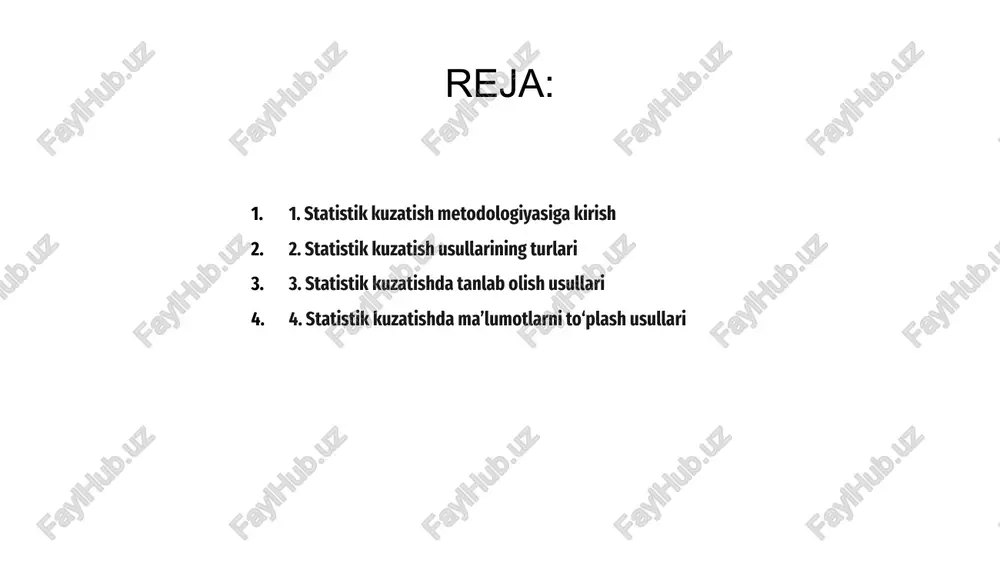 metodologiya bo'lib, bunda tanlab olish usullari aniq ma'lumotlarni olishda muhim rol o'ynaydi. statistik kuzatishda tanlab olish usullari butunlikni ifodalash uchun populyatsiyaning kichik to'plamini tanlashni o'z ichiga oladi, bu tanlov tasodifiy va reprezentativ bo'lishini ta'minlaydi. o'tkazilayotgan statistik kuzatishlarning ishonchliligi va asosliligini ta'minlash uchun tasodifiy tanlab olish, tabaqalashtirilgan tanlama va klaster tanlash kabi turli usullar qo'llaniladi. 4. statistik kuzatishda ma’lumotlarni to‘plash usullari statistik kuzatishni o'tkazishda muhim jihatlardan biri qo'llaniladigan metodologiyadir. bu aniq va ishonchli natijalarni olish uchun muhim bo'lgan ma'lumotlarni yig'ish usullarini o'z ichiga oladi. statistik kuzatishda ma'lumotlarni yig'ish usullari to'plangan ma'lumotlarning sifatini aniqlashda muhim rol o'ynaydi. bu so'rovlar, eksperimentlar, kuzatishlar va suhbatlar kabi turli usullarni o'z ichiga oladi. umuman olganda, statistik kuzatish metodologiyasi ma'lumotlarni to'plash va tahlil qilishda qo'llaniladigan yondashuv va usullarga qaratilgan. bu statistik ma'lumotlarning to'g'riligi va ishonchliligini ta'minlash uchun zarurdir. 3 1 2 5. statistik kuzatishda aniqlikning ahamiyati statistik kuzatuvni o'tkazishda aniqlik muhim ahamiyatga ega, chunki u to'plangan ma'lumotlarning …