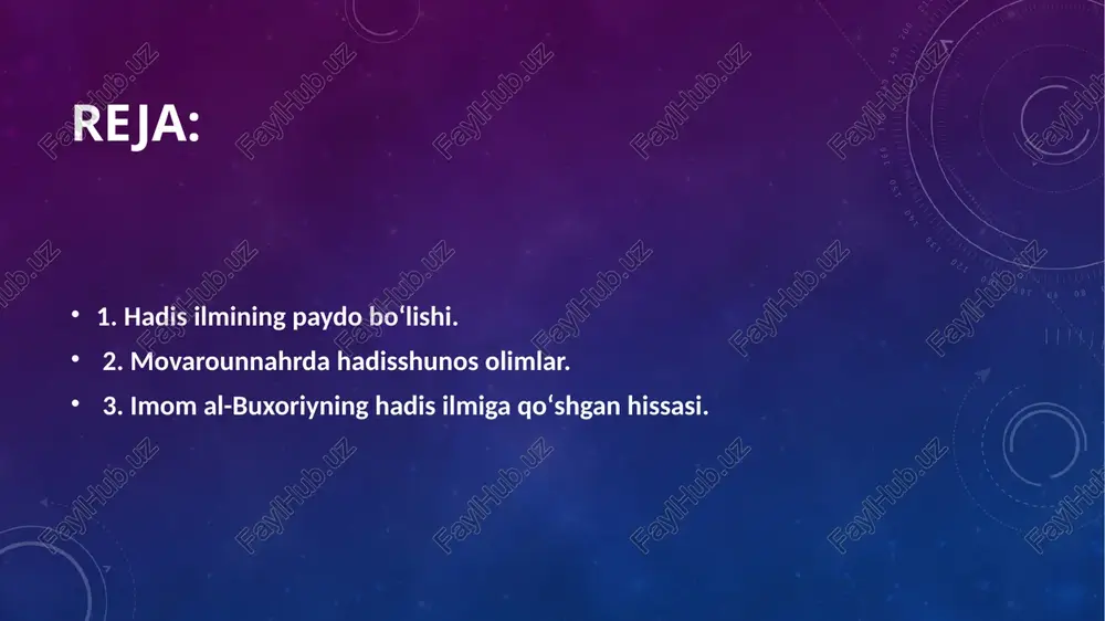 i. abu iso muhammad termiziyning „sahihi termiziy“ hadislar toʻplami 1-jildining oʻzbekcha tarjimasi 1999-yil toshkentda chop etildi. bulardan tashqari „ming bir hadis“ tarjimasi, „qudsiy hadislar“ tarjimasi ham nashr etildi. hadis (حديث) muhammad alayhissalomning aytgan gaplari, taʼkidlari yoki qilgan ishlari tasvirlangan manbalardir. hadisni muhaddislar yigʻadi va oʻrganishadi. hadislar shariat normalari asosini tashkil etadi. movarounnahrda birinchi boʻlib imom abdulloh ibn muborak al-marvaziy rohimahulloh hadis toʻplamini tasnif etgan. bundan tashqari ahmad ibn hanbal al-marvaziy, ishoq ibn rohavayh almarvaziy, haysam ibn kulayb ashshoshiy, abu bakr ahmad ibn muhammad al-barakotiy, ibrohim ibn maʼqul annasafiy va boshqalar hadis toʻplamlarini tasnif etishgan. keyinchalik, milliy-siyosiy ixtiloflar natijasida, paygʻambar sollallohu alayhi vasallam nomidan yolgʻon hadislar toʻqish, fiqh va kalom ilmi sohasidagi ziddiyatlar, amir va hokimlarga xushomadgoʻylik oqibatida koʻplab ishonarsiz, toʻqima hadislar yuzaga kelgan. boblarga ajratilgan yirik asarlar (al-javomi’ al-mubavabba). bu asarlar turli-tuman mavzularni oʻzida qamragan boʻlib, ularga boblarga ajratilgan holda tartib berilgan. mana shu asarlardan imom buxoriyning „al-jomi’ as-sahih“, imom …