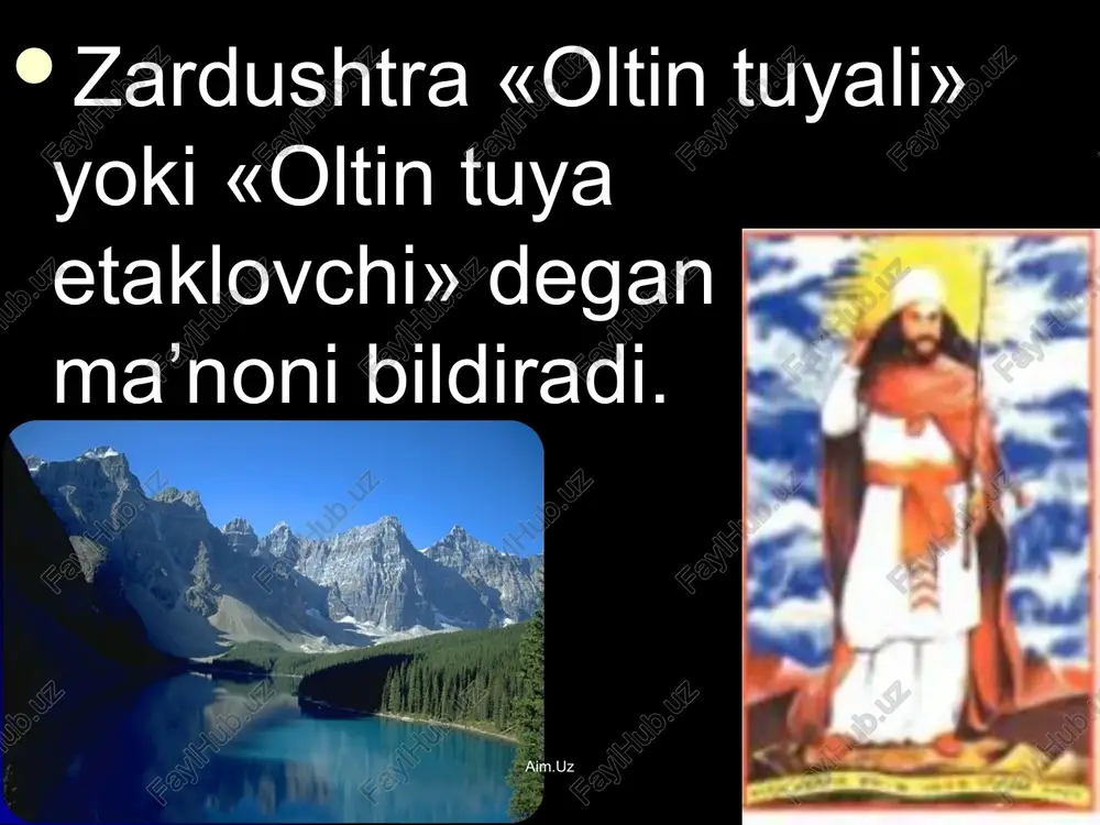 hohi vishtasp (gushtasp) va malika xutaosa huzuriga kelib, «avesto» ta'limotining muqaddasligini isbot etish uchun xudoga iltijo qilib, o'z tanasiga qizdirilgan misni bosishni so'raydi. olovli mis esa uning tanasini zararlamagach. vishtasp va uning xotini, ulardan so'ng butun baqtriya aholisi zardo'shtiylik e’tiqodini qabul qiladi. aim.uz eron podshohi doro davrida «avesto» to'liq holda 12 ming qora mol terisiga zarhal xarflar bilan bitilgan. makedoniyalik iskandaming sharqqa istilosi davrida uning buyrug'i bilan zardo'shtiylik ibodat xonalari vayron qilinganidek. muqaddas «avesto»ning 5 dan 3 qismi ham kuydirib yuborilgan. aim.uz parfiya podshohlari vologez i va valgash iii davrida (i- ii asrlarda) «avesto»ning qolgan- qutgan qismlari to'plangan. sosoniylar davrida (iii- iv asrlarda) «avesto» qismlari jamlanib, pahlaviy tilida yangidan kitobot holiga keltirilgan. bu voqea eramizdan avvalgi iii asrida sosoniylar podshosi shopur davriga kelib, to’la kitob holiga keltirilgan. aim.uz > matniga sharhlar bo’lib , bular “zend” nomi bilan bizga ma’lum. “avesto” katta hajmda bo’lganligi uchun ”kichik avesto” yaratilgan. “kichik avesto”da “katta …