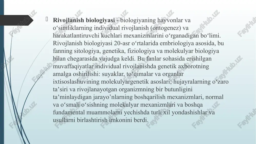 giya hosil qiladi. o’simlik o’sish jarayoni bilan gullaydi, urug’lantirish orqali urug’larni hosil qiladigan reproduktiv davrga kiradi. hayvonlarda postembrional rivojlanish: hayvonlarda embriondan keyingi rivojlanish embrionning tug’ilishi yoki tuxumdan chiqishi bilan boshlanadi. bolalar tug’ilgandan yoki tuxumdan chiqqandan keyin o’sishda va rivojlanishda davom etadilar. masalan, qushlarning embriondan keyingi rivojlanishi patlarining chiqishi, uchishni o’rganishi va kattalar patlarining ranglarini olish kabi bosqichlardan iborat. xuddi shunday, sutemizuvchilarning postembrional rivojlanishi naslning emish qobiliyati, harakat va xatti-harakatlari kabi bosqichlarni o’z ichiga oladi. postembrional rivojlanishning asosiy bosqichlari quyidagilarni o'z ichiga oladi: yangi tug'ilgan (neonatal) davr: bu bosqich tug'ilganidan keyingi birinchi kunlar yoki haftalarda bo'ladi. yangi tug'ilgan organizmning organizmi turg'un va ba'zi fiziologik tizimlari hali to'liq rivojlanmagan bo'lishi mumkin. o'sish bosqichi: bu davrda organizmning o'lchami, vazni va hajmi keskin oshadi. tananing o'sishi va hujayralar sonining ko'payishi davom etadi. bu bosqichda ko'plab organlar va tizimlar (masalan, yurak, o'pkalar, ichaklar) o'z faoliyatini mukammallashtiradi. yetilishga yetish: bu davrda organizm jinsiy rivojlanishni boshlaydi. organizmning …