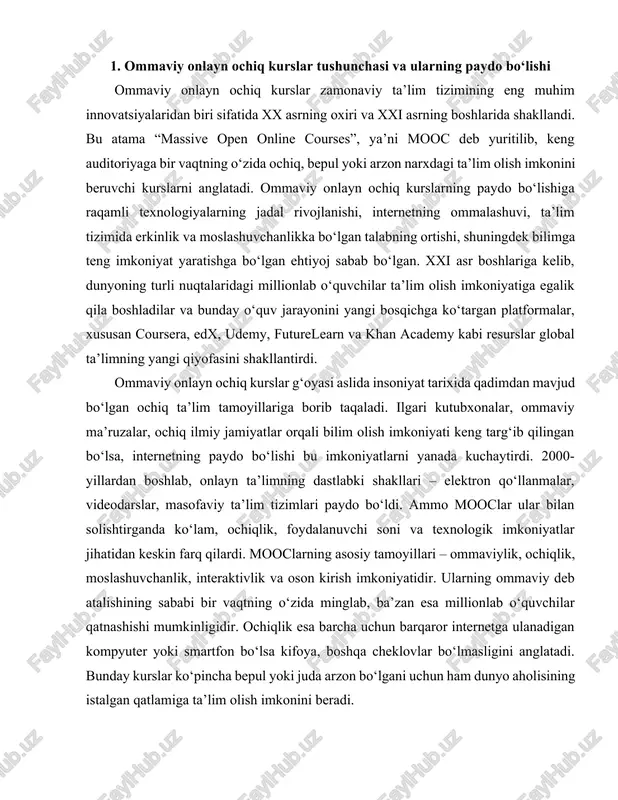 ng sababi bir vaqtning o‘zida minglab, ba’zan esa millionlab o‘quvchilar qatnashishi mumkinligidir. ochiqlik esa barcha uchun barqaror internetga ulanadigan kompyuter yoki smartfon bo‘lsa kifoya, boshqa cheklovlar bo‘lmasligini anglatadi. bunday kurslar ko‘pincha bepul yoki juda arzon bo‘lgani uchun ham dunyo aholisining istalgan qatlamiga ta’lim olish imkonini beradi. mooclar paydo bo‘lishi bilan ta’lim jarayonida demokratik tamoyillar kuchaydi. har kim, qayerda bo‘lishidan qat’i nazar, dunyoning eng yaxshi universitetlaridan ta’lim olishi, yetakchi professorlarning ma’ruzalarini tinglashi va ilg‘or tajribalardan bahramand bo‘lishi mumkin bo‘ldi. bu jarayon ayniqsa rivojlanayotgan mamlakatlarda bilimga bo‘lgan ehtiyojni qondirishda katta rol o‘ynadi. ommaviy onlayn ochiq kurslarning ilk namunalaridan biri 2008-yilda kanadada stiven dauns va jorj siemens tomonidan tashkil etilgan cck08 kursi bo‘lib, u konnektivizm nazariyasini o‘rgatishga bag‘ishlangan edi. bu kursga dunyoning turli burchaklaridan minglab odamlar qatnashgan va bu holat mooc tushunchasining shakllanishi uchun asos yaratgan. keyinchalik 2011–2012-yillarda stanford universiteti tomonidan o‘tkazilgan sun’iy intellekt bo‘yicha ochiq kurslar ushbu yo‘nalishning ommalashishiga sabab bo‘ldi. ayniqsa …