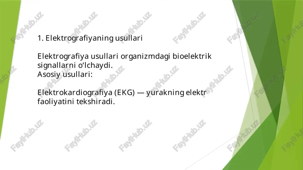 salan, ekg orqali yurakdagi kichik ishemiya belgilarini erta aniqlash mumkin. 2. organlarning funksional holatini baholash elektrografiya usullari (ekg, eeg, emg) yordamida yurak, miya va mushaklarning ish faoliyati haqida batafsil ma’lumot olinadi. organlarning to‘g‘ri yoki buzilgan faoliyati aniq ko‘rsatib beriladi. 3. kasalliklarning turini va darajasini aniqlash elektrografik ma’lumotlar asosida kasallikning turi (masalan, qaysi turdagi aritmiya yoki epilepsiya) va uning qanchalik rivojlangani aniqlanadi. bu esa to‘g‘ri davolash strategiyasini tanlashda yordam beradi. 4. davolash samaradorligini nazorat qilish elektrografiya yordamida qo‘llanilgan davolashning samarasi baholanadi. masalan, yurak dorilari ta’siri yoki asab-mushak faoliyatining tiklanishi muntazam tekshirib boriladi. 5. sog‘liq holatini profilaktik nazorat qilish sog‘lom odamlarda ham elektrografik tekshiruvlar orqali yashirin kasallik alomatlari erta aniqlanishi mumkin. sportchilarda yoki risk guruhidagilarda muntazam ekg va emg o‘tkazilishi sog‘liqni saqlash uchun exografiya va elektrografiya — fizik va elektr zaryadlari yordamida tasvir olish usullari. tibbiyotda ular diagnostika, asboblar tekshiruvi va reabilitatsiyada qo‘llaniladi. qo‘llanilishi: teri va suyak yuzasidagi mikrostrukturalarni aniqlash. jarohatlar va …