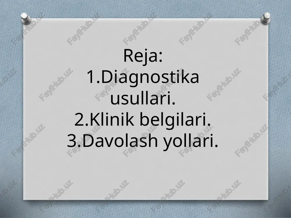 i qabziyat. asab tizimi belgilar: holsizlik, charchoq, uyqusizlik yoki haddan tashqari uyquchanlik, bosh og‘rig‘i, bosh aylanishi, asabiylik, diqqatni jamlay olmaslik. . umumiy intoksikatsiya belgilari: harorat ko‘tarilishi (ba'zida surunkali), ozib ketish, kamqonlik, terining rangparligi. mahalliy belgilari: parazit joylashgan organga xos og‘riq yoki disfunktsiya (masalan, jigar yoki o‘pka zararlansa – og‘riq, yo‘tal, nafas qisishi). 3.parazitar kasalliklarni davolash . etiotrop (sababga yo‘naltirilgan) davolash parazitni yo‘qotishga qaratilgan bo‘lib, maxsus antiparazitar dori vositalari qo‘llaniladi: gelmintozlar (qurtlar) uchun: albendazol, mebendazol, pirantel, levamizol. protozoozlar (bir hujayrali parazitlar – giardioz, amebioz): metronidazol, tinidazol, ornidazol. ektoparazitozlar (tashqi parazitlar – bit, qotirlar): permetrin, benzilbenzoat, spregal spreyi. . patogenetik davolash organizmning umumiy holatini yaxshilash va asoratlarni kamaytirish uchun: antigistaminlar (allergik reaksiyalarni kamaytirish), detoksikatsion terapiya (masalan, infuzion eritmalar), gepatoprotektorlar (jigarni himoya qilish uchun), immunomodulyatorlar (immunitetni mustahkamlash). simptomatik davolash parazitar kasallikning belgilari (isitma, og‘riq, qichishish)ni yengillashtirish: antipiretiklar (isitmaga qarshi), og‘riq qoldiruvchi dorilar, qichishishga qarshi vositalar. sanitariya-profilaktik choralar bemorni izolatsiya qilish (zarur bo‘lsa), shaxsiy …