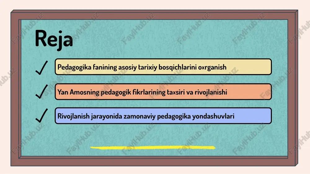 ng fikrlari pedagogik nazariyalarda inqilobiy o‘zgarishlarga olib keldi, ularning amaliyotdagi o‘rni esa ta’lim sifatini oshirishga xizmat qilmoqda. amosning pedagogik yondashuvlari ta’limda individual yondashuvni rivojlantirishga turtki bo‘ldi. uning fikrlari nafaqat pedagogika fanida, balki umumiy ta’lim metodologiyasida ham muhim o‘rin tutadi. bu fikrlar zamonaviy ta’lim tizimlarida keng qo‘llanilmoqda va yosh avlodni sifatli ta’lim bilan ta’minlashda asosiy manba hisoblanadi. 1 2 zamonaviy pedagogika yondashuvlari zamonaviy pedagogika yondashuvlarining asosiy tamoyillari: individual yondashuv, faol o‘qitish, texnologik integratsiya, hamkorlik va kreativlik. bu tamoyillar o‘quv jarayonini zamonaviy talablarga moslashtirishga yordam beradi. pedagogik jarayonlarda innovatsion metodlar: interaktiv darslar, multimedia vositalaridan foydalanish, loyiha asosidagi ta'lim, muammoli vazifalar va texnologik innovatsiyalar orqali o‘quvchilarning faol qatnashishini ta’minlash mumkin. o‘quvchilarning faol ishtirokini ta’minlash: yondashuvlar yordamida o‘quvchilarning fikr bildirish, muhokama qilish va muammolarni mustaqil hal qilish imkoniyatlari yaratiladi, bu esa ularning o‘quv jarayoniga qiziqishini oshiradi. pedagogik yondashuvlarning rivojlanishi pedagogik yondashuvlarning tarixiy bosqichlari inson ta'lim va tarbiyada metodlar va nazariyalar o'zgarishini ko'rsatadi. rivojlanish davomida …