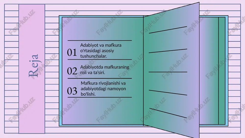 r mavjud. madaniyatning globalizatsiyasi va raqobat muhitida milliy madaniyat va adabiyotning o'ziga xosligini yo'qotish xavfi mavjud. s w o t mafkura va adabiyot o'rtasidagi o'zaro ta'sirlar mafkura va adabiyot o'rtasidagi o'zaro ta'sirlar murakkab. mafkura adabiyot orqali ifodalanadi va ijtimoiy muhitga ta'sir qiladi. adabiyot mafkura shakllanishida muhim rol o'ynaydi. masalan, 19-asr rus adabiyotida inson huquqlari va erkinlik muhokama qilindi. mafkura va adabiyot jamiyatda yangi g'oyalar va qadriyatlarni tarqatishda muhim vositadir. ular ijtimoiy o'zgarishlar va madaniy rivojlanishga xizmat qiladi. 1 2 3 adabiyotda mafkuraning o‘rni bog‘lanishlar va ifodalanish adabiyot va mafkura o‘rtasidagi bog‘lanishlar chuqur va murakkab bo‘lib, ular bir-birini to‘ldiradi. adabiyot insonlar fikrini, qadriyatlarini ifodalaydi va mafkura shakllanishida muhim rol o‘ynaydi. mafkura adabiyot orqali shakllanadi, yozuvchilar va yozilgan asarlar jamiyatdagi qadriyatlar va fikrlarni aks ettiradi. bu jarayon ijtimoiy o‘zgarishlarga ta’sir qilishi mumkin. adabiyot va mafkura o‘zaro ta’sirda rivojlanadi, yangi fikrlar paydo bo‘ladi va insonlar dunyoqarashini shakllantiradi. bu jarayon ikkilamchi va uzviy bo‘lib, …