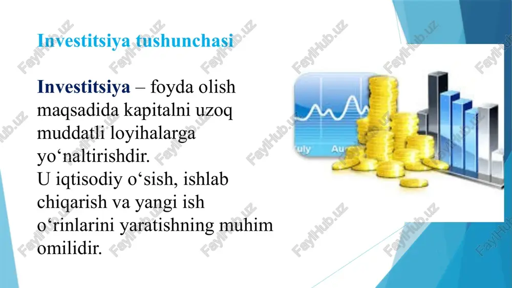 mahalliy korxonalar davlat idoralari xalqaro moliyaviy institutlar investitsiya faoliyatining ob’ektlari ishlab chiqarish korxonalari ko‘chmas mulk (bino, inshootlar) qimmatli qog‘ozlar texnologiyalar, patentlar, “nou-xau” ijtimoiy loyihalar (ta’lim, sog‘liqni saqlash) xorijiy investitsiyalarni tartibga soluvchi qonunlar “chet el investitsiyalari to‘g‘risida”gi qonun “investitsiya faoliyati to‘g‘risida”gi qonun “xorijiy investorlar huquqlarini kafolatlash to‘g‘risida”gi qonun soliq va bojxona imtiyozlari to‘g‘risidagi hujjatlar huquqiy munosabatlar investitsiya jarayonida subyektlar va ob’ektlar o‘rtasida huquqiy munosabatlar shakllanadi. bu munosabatlar shartnomalar, litsenziyalar, kafolatlar orqali tartibga solinadi. bevosita xorijiy investitsiyaning afzalliklari yangi texnologiyalar kirib keladi mahalliy kadrlar malakasi oshadi eksport salohiyati kuchayadi soliq tushumlari ortadi bevosita xorijiy investitsiyaning kamchiliklari mahalliy korxonalar raqobatga bardosh berolmasligi mumkin ba’zan foydaning katta qismi chet elga chiqib ketadi strategik sohalarda nazorat yo‘qolishi xavfi bor portfel investitsiyaning afzalliklari mahalliy korxonalar uchun qo‘shimcha moliya manbai bozor likvidligini oshiradi investorlar uchun xavf nisbatan past portfel investitsiyaning kamchiliklari investor korxona ustidan nazoratga ega emas moliyaviy bozor beqarorligidan zarar ko‘rish mumkin uzoq muddatli investitsiyaga nisbatan …