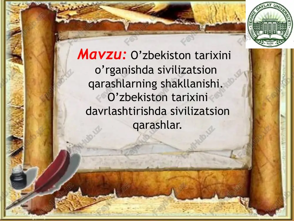 siyalar borasida bir qator ilmiy tadqiqotlar amalga oshirildi .akademik a.a. asqarov kishilik tarixi o’z taqqiyot yo’lida 5 marta yirik sivilizatsiyani boshidan kechirgan deb hisoblaydi. 1.qadimgi sharq tamadduni 2.antik davr tamadduni 3.movaraunnaxr va xuroson tamadduni 4.xiv-xv asr boshlarida yevropa va osiyoning umum uyg’onish davri tamadduni 5.xx asr tamadduni a.s.sagdullayevning o’rta osiyoning janubiy hududlarida ilk sivilizatsiya va davlatlarning paydo bo’lishi va rivojlanishi borasidagi xizmatlarini ham e’tirof etish zarur.davlatlarning rivojlanishini quyidagi davr va tiplarga bo’lib o’rgangan . 1.bronza davriga oid dehqonchilik o’lkalarida ilk davlatchilik belgilarining paydo bo’lishi 2.bronzadan ilk temir davriga o’tishda (mil.avv.x-viii asrlar) aryoshayana – kichik davlat birlashmalarining paydo bo’lishi 3.ilk temir davrida (mil.avv. vii-iv asrlar) qadimgi baqtiriya tipidagi – yirik davlat birlashmalarining paydo bo’lish davri davrlashtirish masalasida 2001-yil chop etilgan > kitobida akademik e.v.rtveladze o’zbekiston hududidagi qadimgi davlatlarni boshqarilish usuliga qarab quydagi tiplarga bo’lgan: 1.podshohlik boshqaruv usuli – mutloq monarxiya 2.konfederativ podshohlik,boshqaruv usuli chegaralangan monarxiya 3.yer egaligi boshqaruv usuli – avloddan …