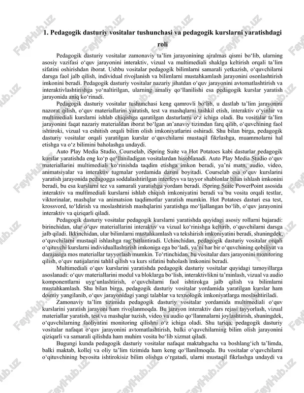 materiallarini multimediali ko‘rinishda taqdim etishga imkon beradi, ya’ni matn, audio, video, animatsiyalar va interaktiv tugmalar yordamida darsni boyitadi. courselab esa o‘quv kurslarini yaratish jarayonida pedagogga soddalashtirilgan interfeys va tayyor shablonlar bilan ishlash imkonini beradi, bu esa kurslarni tez va samarali yaratishga yordam beradi. ispring suite powerpoint asosida interaktiv va multimediali kurslarni ishlab chiqish imkoniyatini beradi va bu vosita orqali testlar, viktorinalar, mashqlar va animatsion taqdimotlar yaratish mumkin. hot potatoes dasturi esa test, krossvord, to‘ldirish va moslashtirish mashqlarini yaratishga mo‘ljallangan bo‘lib, o‘quv jarayonini interaktiv va qiziqarli qiladi. pedagogik dasturiy vositalar pedagogik kurslarni yaratishda quyidagi asosiy rollarni bajaradi: birinchidan, ular o‘quv materiallarini interaktiv va vizual ko‘rinishga keltirib, o‘quvchilarni darsga jalb qiladi. ikkinchidan, ular bilimlarni mustahkamlash va tekshirish imkoniyatini beradi, shuningdek, o‘quvchilarni mustaqil ishlashga rag‘batlantiradi. uchinchidan, pedagogik dasturiy vositalar orqali o‘qituvchi kurslarni individuallashtirish imkoniga ega bo‘ladi, ya’ni har bir o‘quvchining qobiliyat va darajasiga mos materiallar tayyorlash mumkin. to‘rtinchidan, bu vositalar dars jarayonini monitoring …