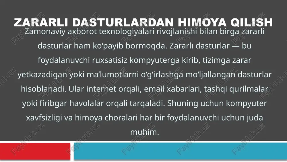 qoladi yoki yangilanmay qoladi. agar kompyuter g‘ayrioddiy ishlashni boshlasa, bu zararli dastur mavjudligidan darak bo‘lishi mumkin. zararli dasturlar keltiradigan xavflar zararlı dasturlar shaxsiy fayllarni buzishi, kompyuterni ishdan chiqarishi yoki tizimga jiddiy zarar yetkazishi mumkin. eng katta xavf — ma’lumotlarning o‘g‘irlanishi: parollar, bank kartasi ma’lumotlari, shaxsiy yozishmalar va maxfiy hujjatlar qo‘lga tushishi mumkin. ayrim dasturlar kompyuterni “botnet”ga aylantirib, boshqa hujumlarda ishlatishi yoki foydalanuvchi hisobidan zarar yetkazishi mumkin. ransomware esa barcha hujjatlarni bloklab, pul talab qiladi. bu xavflar ko‘p hollarda qaytarib bo‘lmaydigan yo‘qotishlarga olib keladi. himoya qilishning asosiy usullari zararlı dasturlardan himoyalanish uchun bir nechta samarali choralar mavjud. eng birinchisi — ishonchli antivirus dasturini o‘rnatish va uni doimo yangilab turishdir. operatsion tizim (windows, android va boshqalar) ham vaqtida yangilanib borilishi shart, chunki yangilanishlar xavfsizlik teshiklarini yopadi. shubhali email va fayllarni ochmaslik, faqat rasmiy saytlardan dastur yuklab olish ham muhim. parollarni murakkab qilish va ikki bosqichli tasdiqlashni yoqish foydalanuvchi hisoblarini himoya qiladi. internetda …