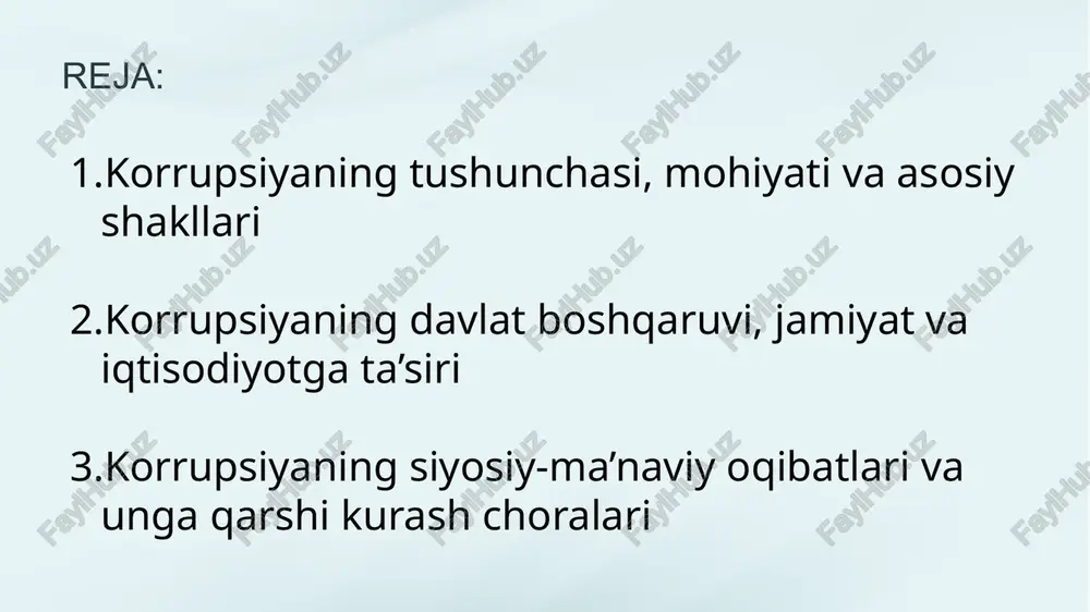 bo‘ladi. korrupsiya mavjud bo‘lgan tizimda kadrlar tanlovi adolatli emas — malaka, bilim va tajribadan ko‘ra tanish-bilishlik ustuvor bo‘ladi. bu esa boshqaruv sifatining pasayishiga va davlat tizimlarining izdan chiqishiga olib keladi. jamiyatda korrupsiya ildiz otgan sari fuqarolarning davlatga, qonunlarga va ijtimoiy tizimga bo‘lgan ishonchi kamayadi. bunday jamiyatda adolatga ishonch yo‘qoladi, aholining huquqiy ongida befarqlik kuchayadi. korrupsiya ta’lim, tibbiyot, ijtimoiy himoya kabi sohalarda xizmatlar sifatining pasayishiga, resurslarning noto‘g‘ri taqsimlanishiga olib keladi. ta’lim tizimida korrupsiya yoshlar ongining buzilishiga sabab bo‘lib, kelajak avlodning ma’naviy poydevorini zaiflashtiradi. sog‘liqni saqlash sohasida esa bemorlar uchun teng imkoniyatlar buziladi, sharoitlar faqat pul evaziga yaratiladi. korrupsiyaning siyosiy-ma’naviy oqibatlari va unga qarshi kurash choralari korrupsiya iqtisodiy rivojlanishga katta zarar yetkazadi. u sog‘lom raqobat mexanizmini izdan chiqaradi, investitsiyalar oqimining kamayishiga sabab bo‘ladi. investorlar korrupsiyalashgan muhitda o‘z mablag‘larini xavf ostida deb hisoblab, boshqa mamlakatlarga yo‘nalishadi. korrupsiyaning iqtisodiyotga ta’siri soliq tushumlarining kamayishida, byudjet mablag‘larining talon-taroj qilinishida namoyon bo‘ladi. davlat loyihalarida tenderlarning noqonuniy taqsimlanishi …